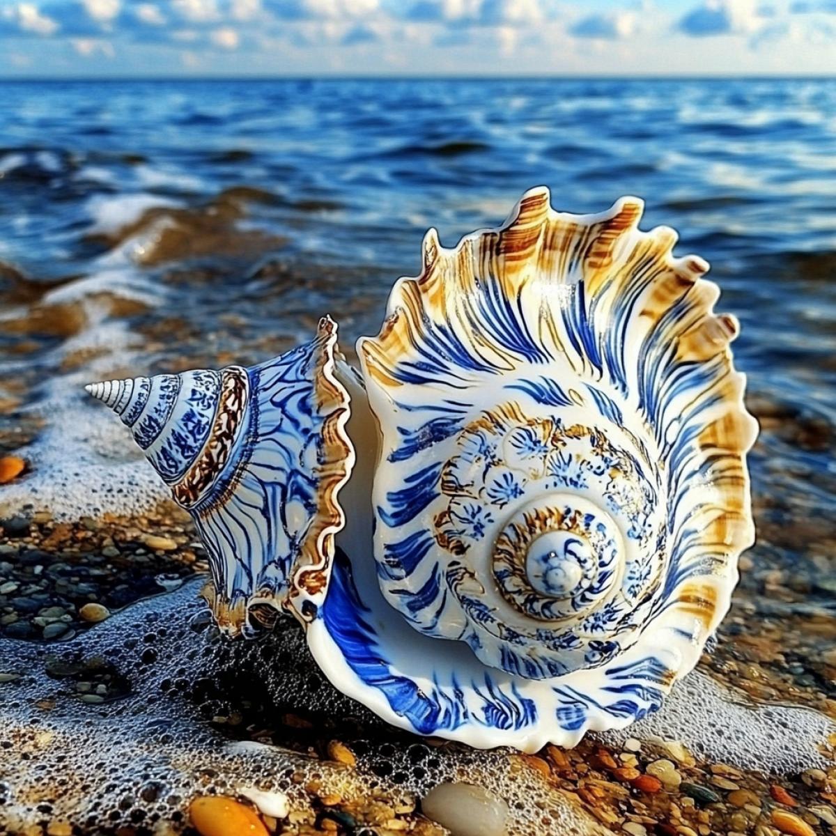 The elegant mollusk-rapan on the seashore, its porcelain sink is made by Gzhel style painting. Hyperrealist, closeup, side
