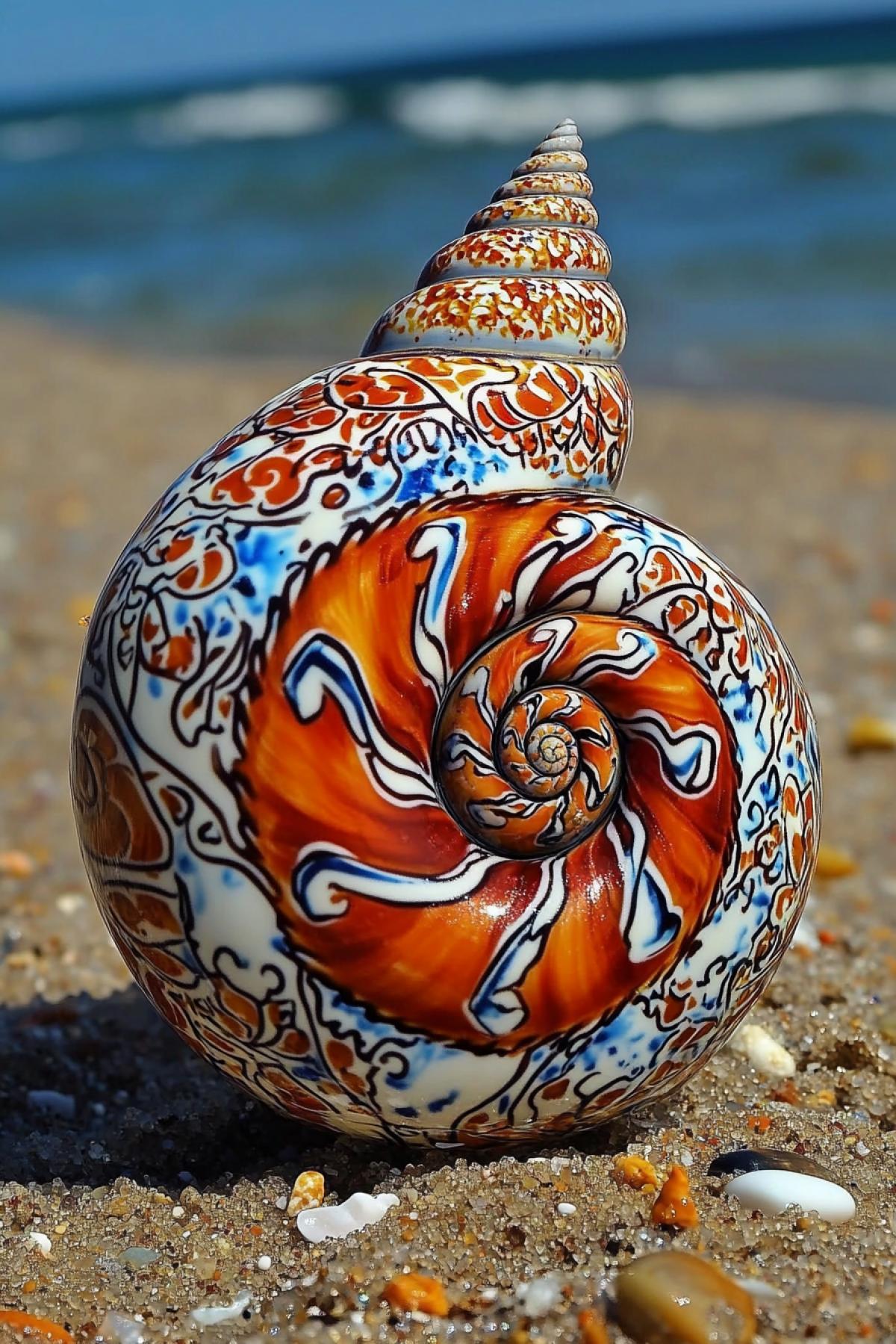 Elegant Rapana mollusk on the seashore, its porcelain shell is painted in the Khokhloma style. Hyperrealistic, close-up, bokeh
