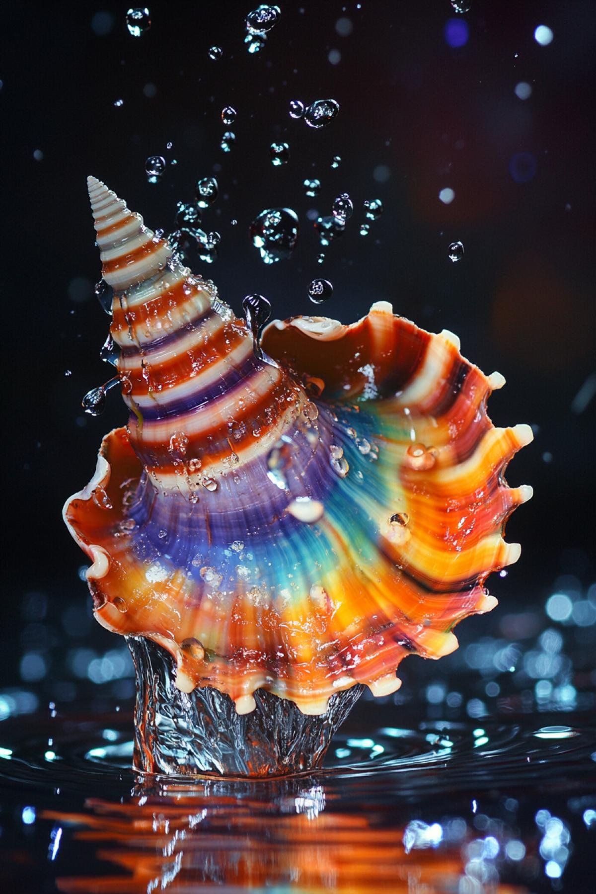 Unusual coloring of a shell in a cosmos style with falling drops of water