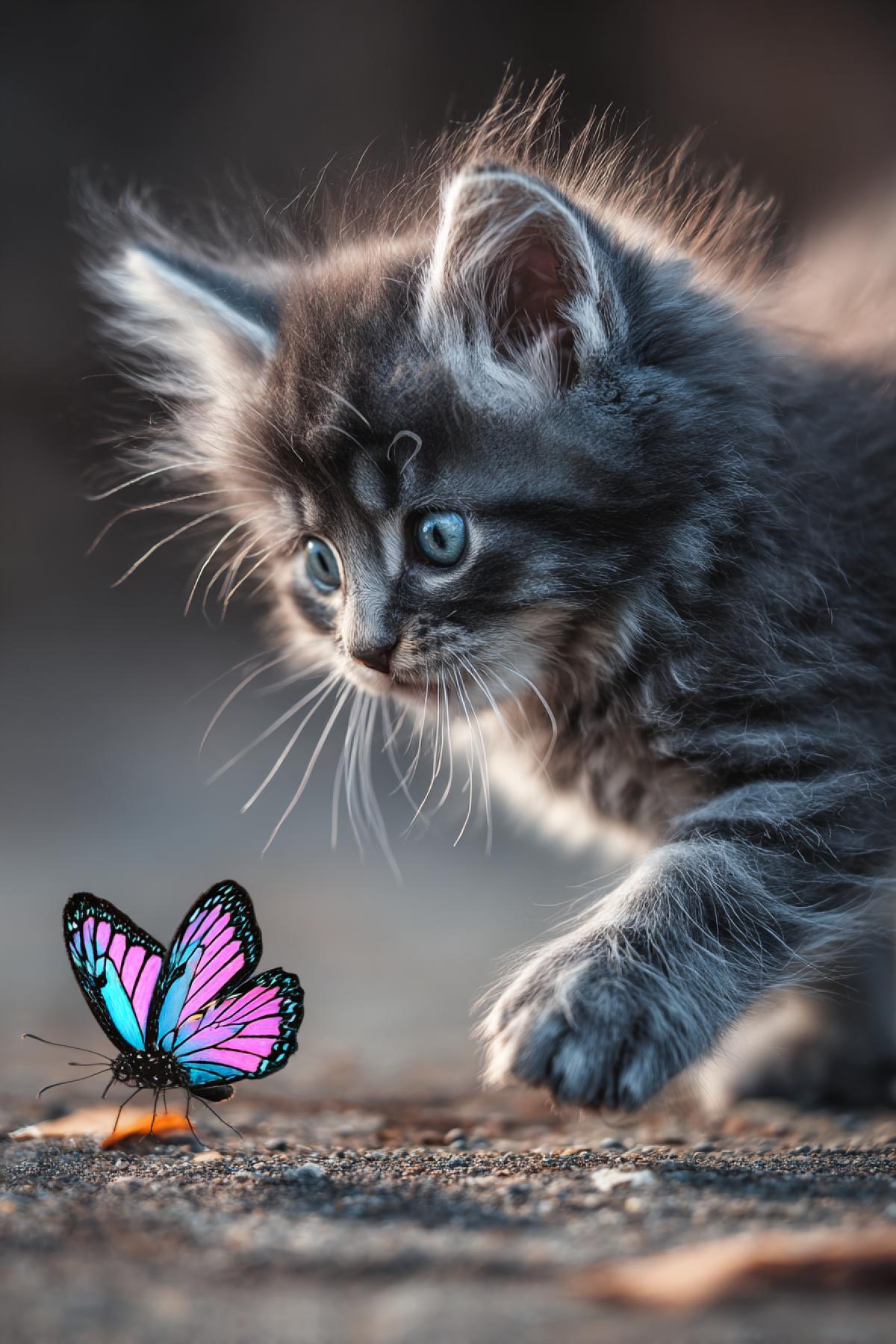 Little fluffy kitten ready to attack multicoloured butterfly ironic detailed photo
