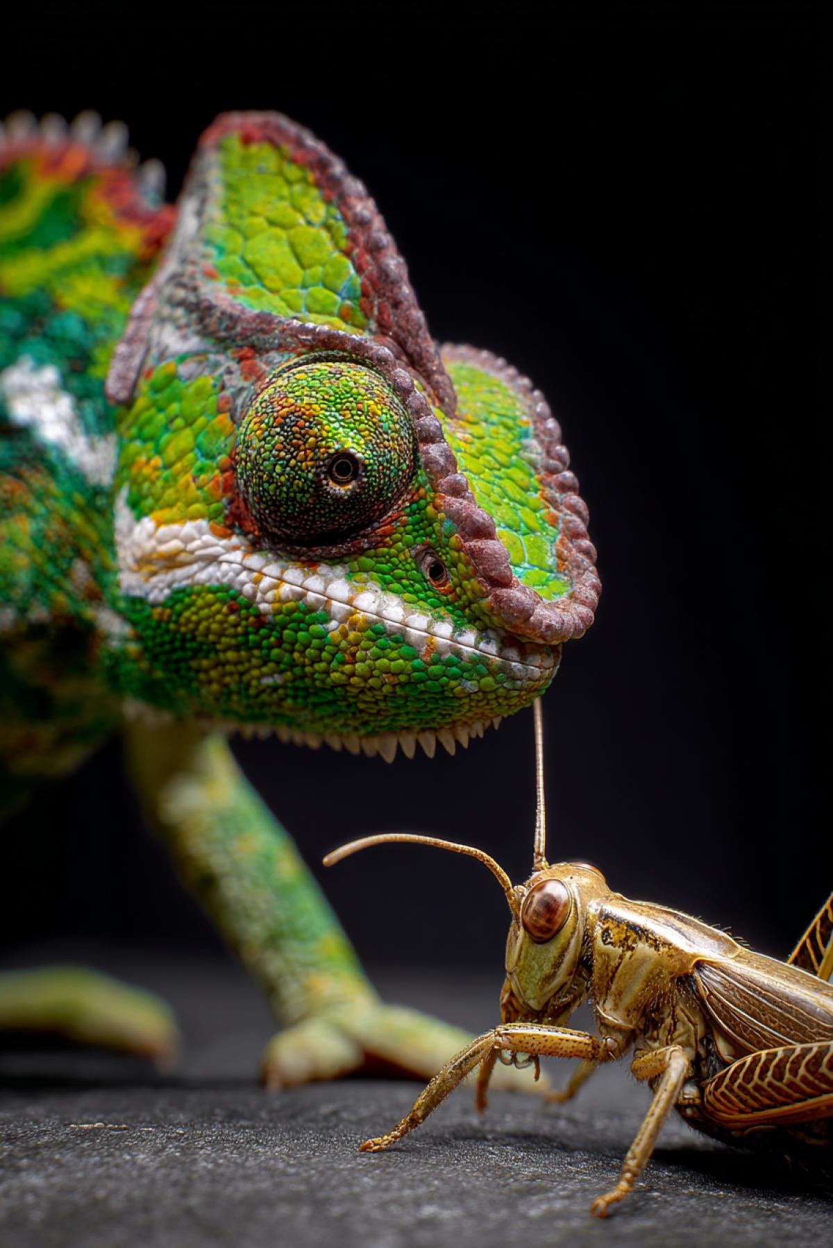 Tiny coloured aggressive angry chameleon before his attack at big miserable grasshopper ironic detailed high contrast photo