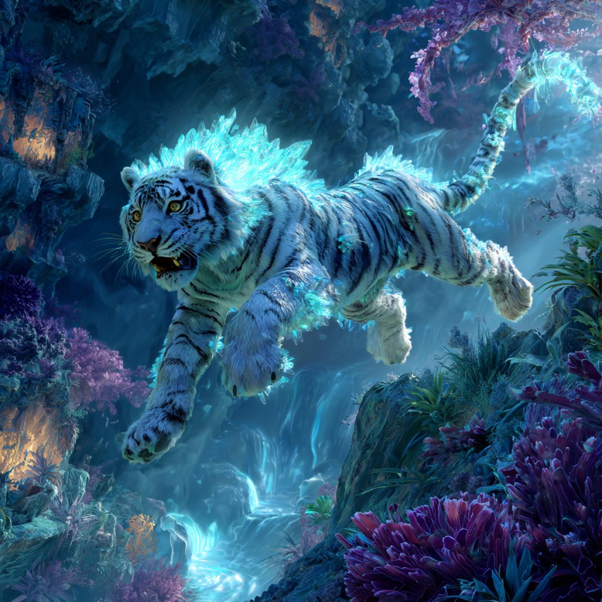 Electric tiger, bioluminescent fur, crystalline mane, soaring over the xylosa, an alien planet of the jungle, soaring islands, pulsating flora, geometric rock formations, iridescent waterfalls, ancient ruins of Zidonia, energy channels, digital painting, bright juicy colors, other details, complex details, dynamic lighting, voluminous lighting lighting. Effects, hyperrealistic textures, masterpiece of art