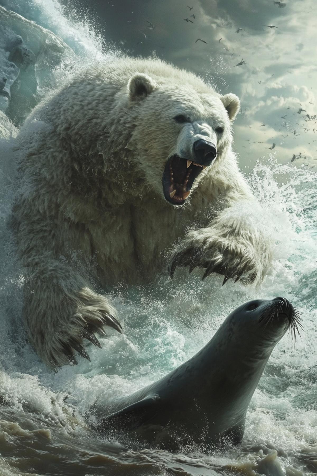 Fix the moment when the white bear is preparing to attack the seal