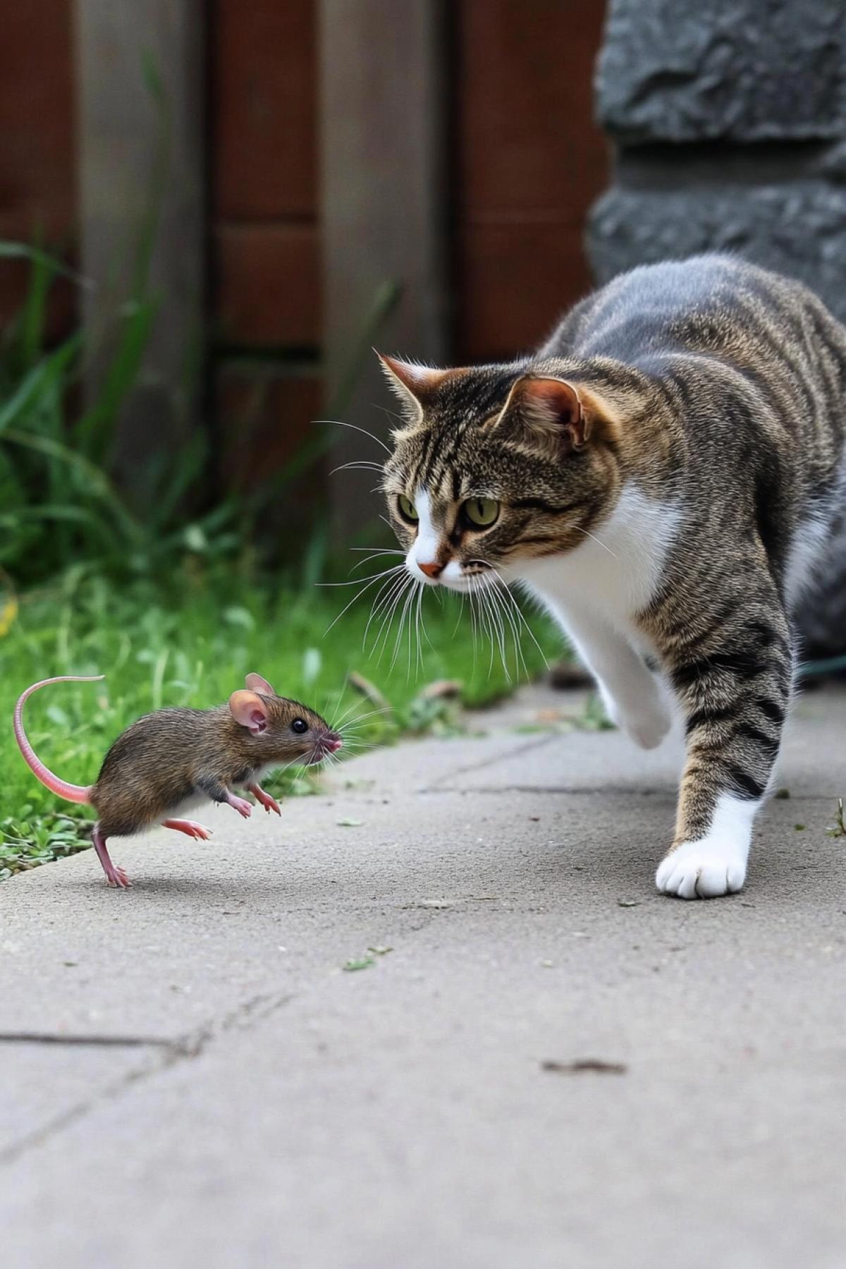 A cat is chasing a mouse on a concrete surface. The cat is in motion, with its fur in a blur, and its eyes focused intently on the mouse. The mouse is running away, its tail up, trying to evade the predator. The scene is set against a backdrop of a stone wall and a grassy area. The image captures the dynamic interaction between the two animals, with the cats agility and the mouses speed creating a sense of urgency and tension.