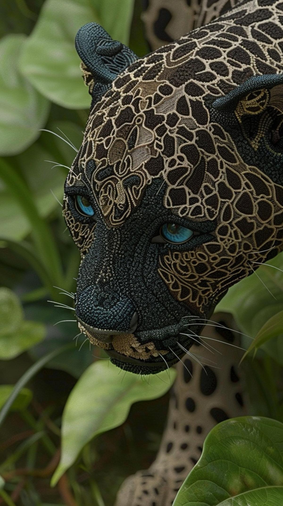 A panther with striking blue eyes is captured in a moment of intense focus, its gaze locked onto something in the distance. The panthers fur is a deep , contrasting with the vibrant green of the leaves it is walking through. The background is a soft blur, suggesting a natural, outdoor setting. The panthers language indicates alertness and readiness, perhaps it is stalking prey or simply observing its surroundings. The image captures the raw beauty and power of this majestic creature in its natural habitat.