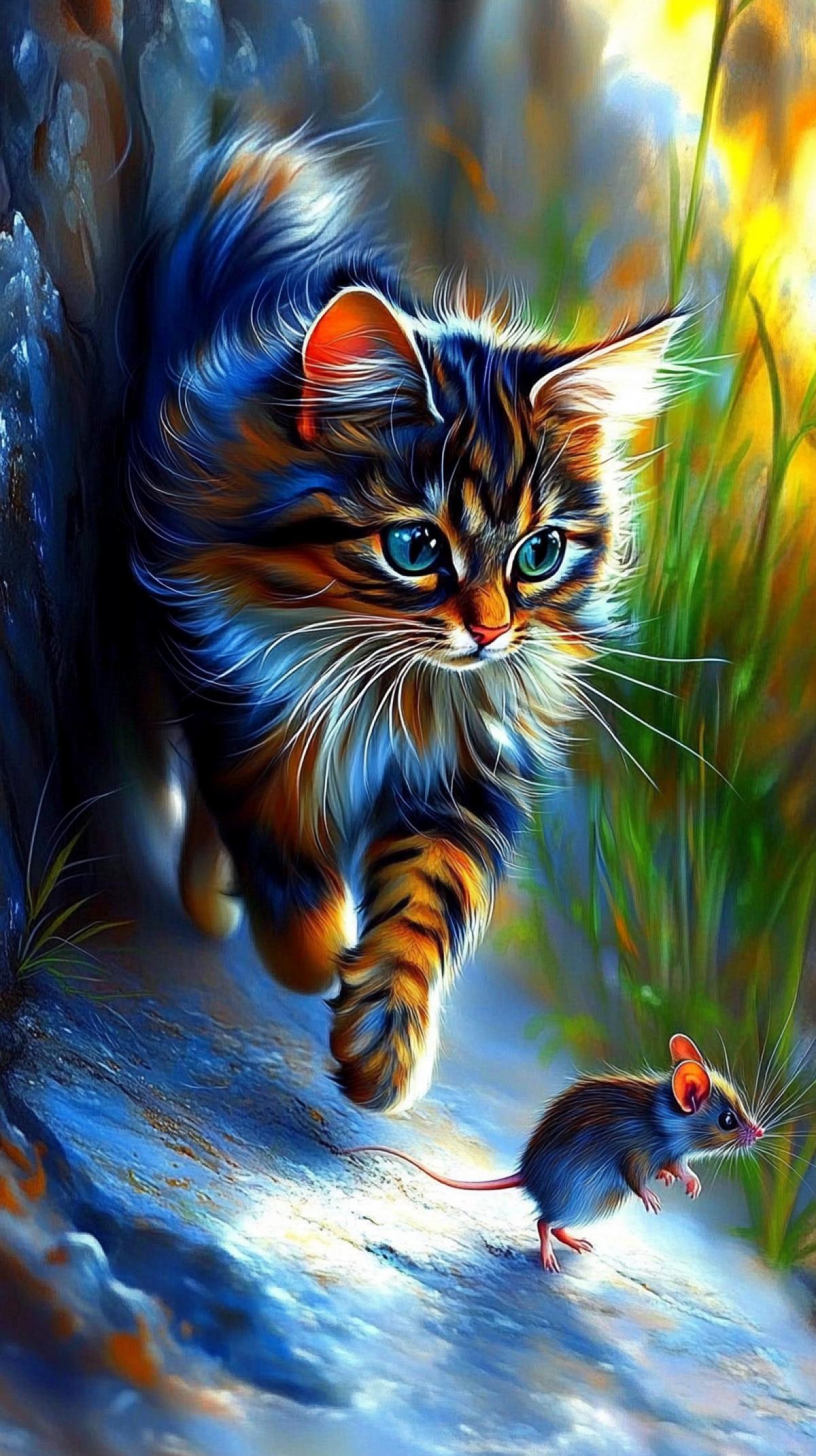 A cat is chasing a mouse on a concrete surface. The cat is in motion, with its fur in a blur, and its eyes focused intently on the mouse. The mouse is running away, its tail up, trying to evade the predator. The scene is set against a backdrop of a stone wall and a grassy area. The image captures the dynamic interaction between the two animals, with the cats agility and the mouses speed creating a sense of urgency and tension.