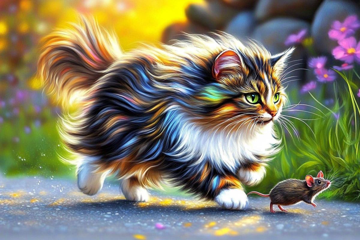 A cat chases a mouse across a concrete surface. The cat moves, its fur is blurred, and its gaze is fixed on the mouse. The mouse runs away, running ahead of the cat, ruffled, trying to escape from the predator. The scene unfolds against the backdrop of a stone wall and a grassy lawn. The image captures the dynamic interaction of the two animals: the agility of the cat and the speed of the mouse create a sense of tension and pursuit.