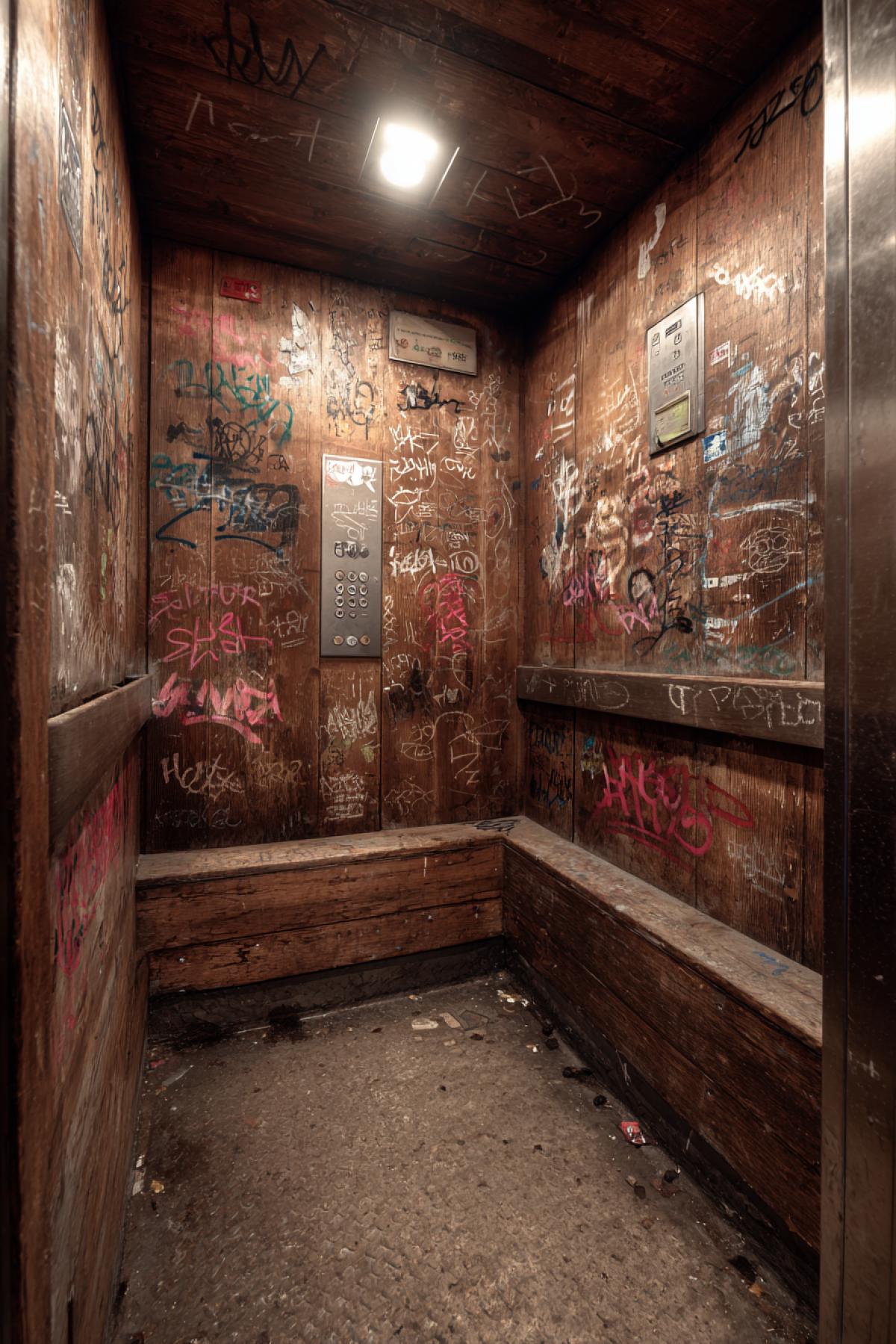 The interior of the old elevator wooden panels Plastic buttons burnt lumps of chewing gum on the walls of graffiti and scratch inscriptions Dirty garbage on the floor Dull bulb Iron 4k doors detailed detailed photography of high resolution fullcolor with high contrast was removed with a wideangle lens