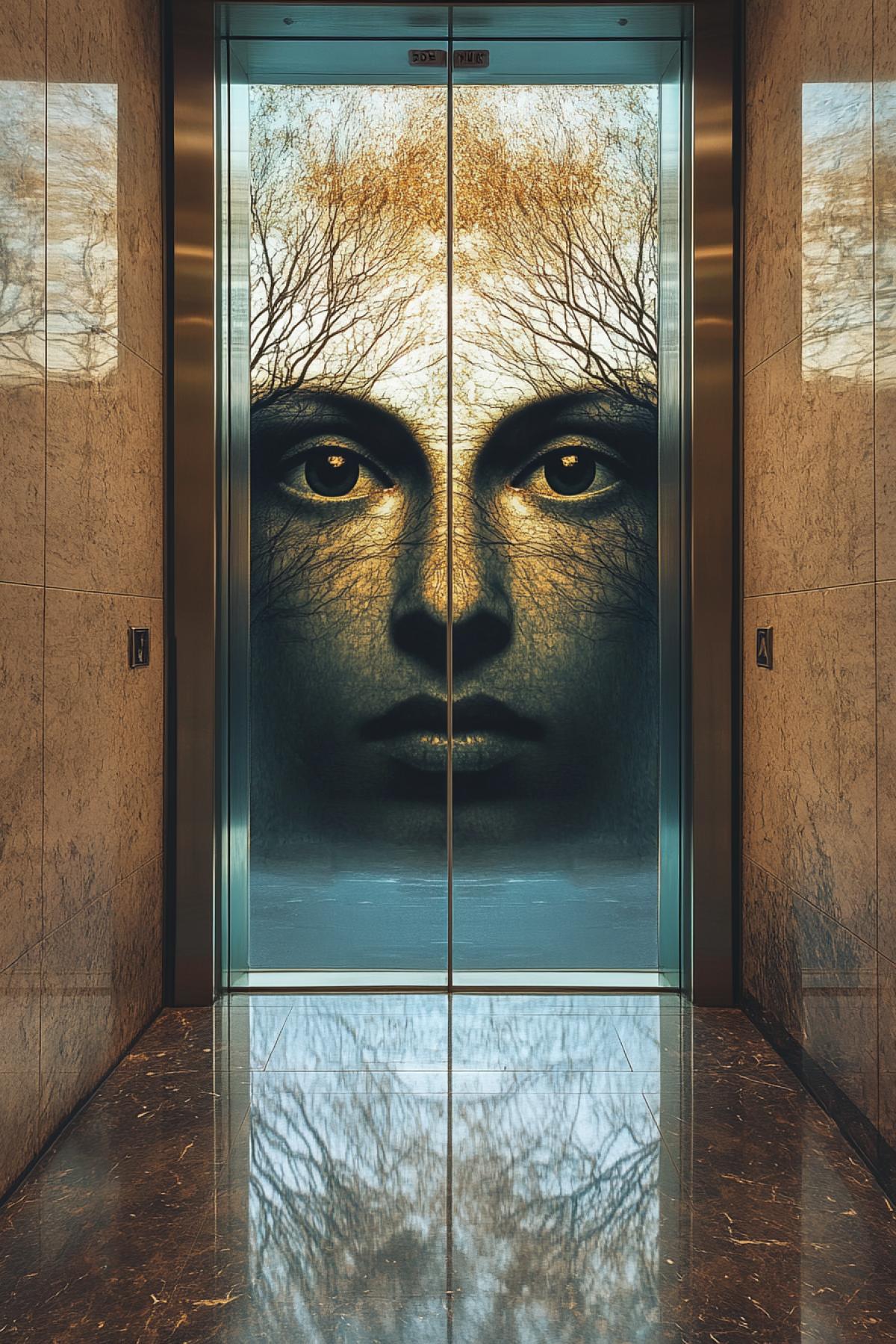 Generate the image where the main element is the element, inside it. It can be a portrait, in a mirror or a panoramic shot through glass doors from the inside of the elevator.