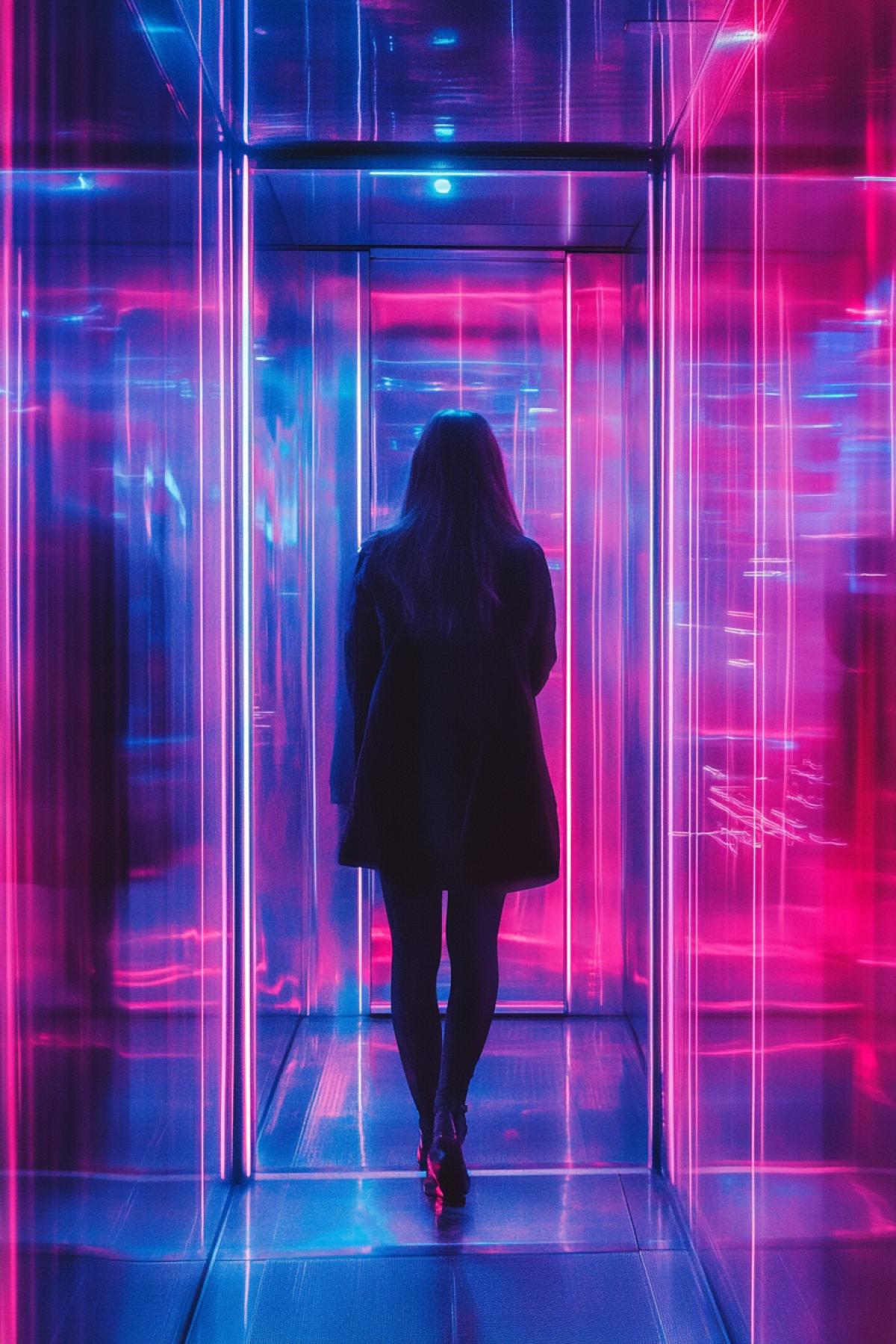 A person rides in a transparent elevator in a cat sparkles neon