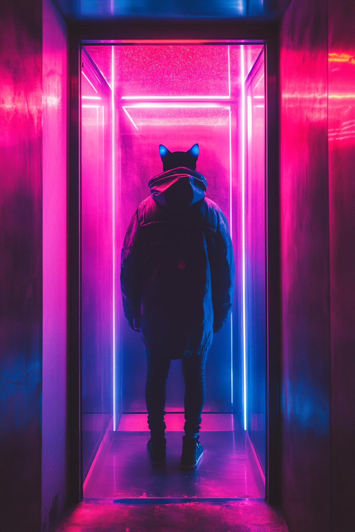 A person rides in a transparent elevator in a cat sparkles neon