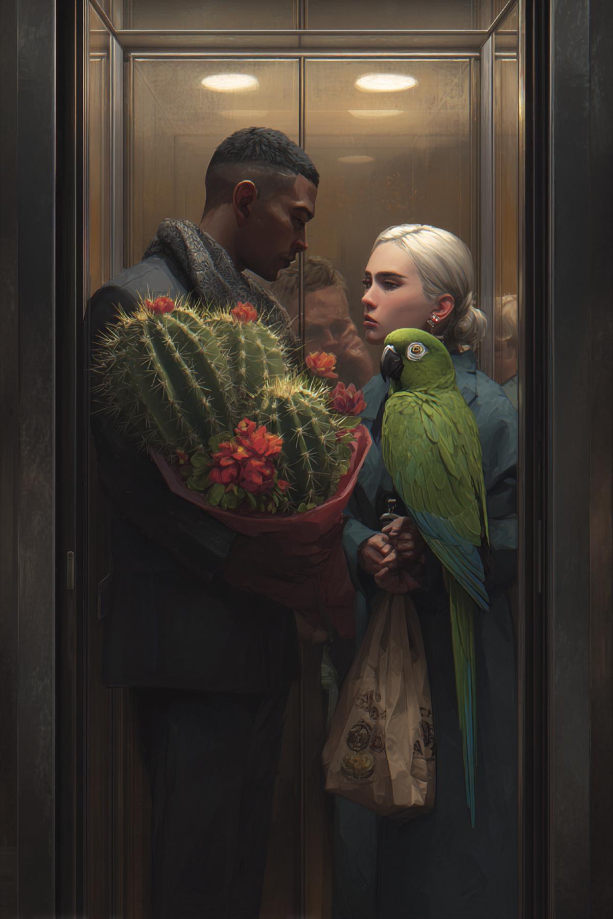 Two people in a crowded elevator. One holds a big cactus, the other is a living parrot. A tense pause, awkward visual contact. Photorealism, warm lighting, detailed emotions a mixture of irritation and embarrassment. Style: Modern City Comedy
