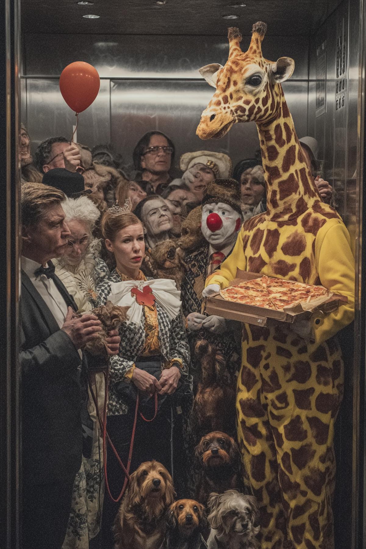 A crowded elevator: a man in a giraffe costume (a suit is partially removed, his head sticks to the side), a lady with three dachshunds on leashes, a courier with a big pizza and a sad clown with one balloon. All avoid visual contact. Photorealism, chaotic lighting, a mixture of despair and absurdity. Style: Sitkom in one frame