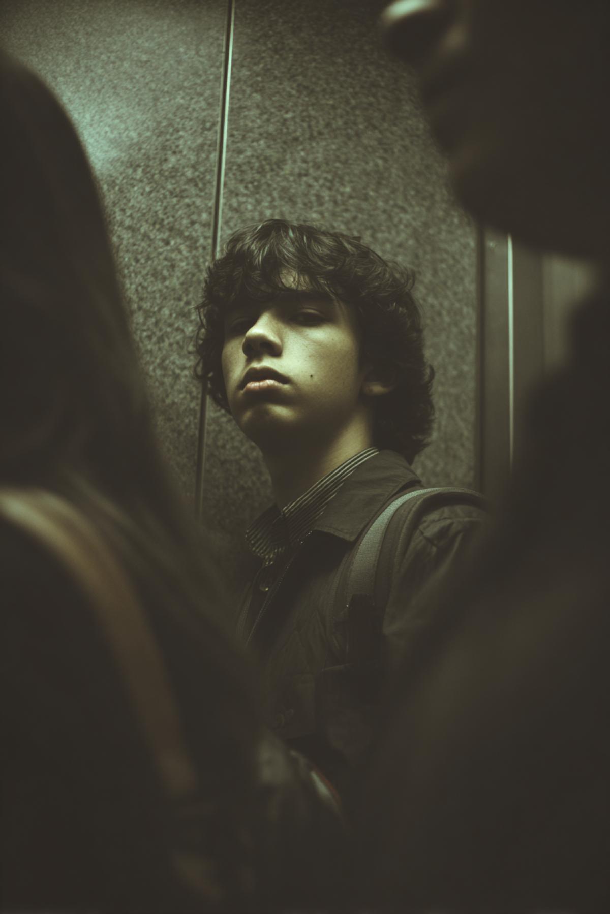 The guy enters the elevator, thinking that he is alone-he begins to humming the hit of the 2000s and dance. At the last moment, he notices that in the corner there is his boss, girl and former classmate. Pause. His face is a masterpiece of facial horror. A sharp contrast between his dynamics and their stone faces. Style: sharp photorealism, emphasized emotions, light like a reality show