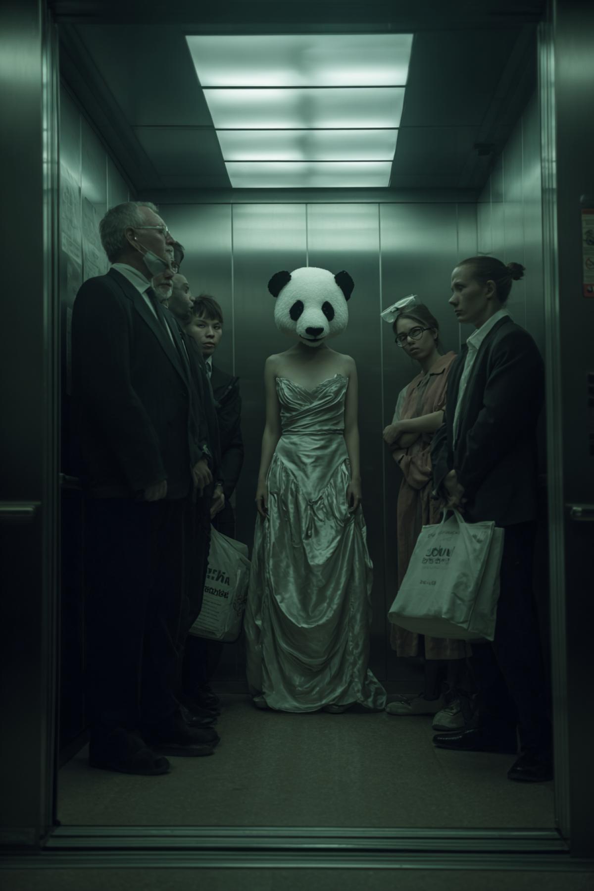 Office elevator Monday morning. In the foreground is a tearful woman in a crumpled evening dress, wearing a big head of Panda (the suit was half filmed). Nearby stand: a boss with a stone face, a cleaning lady with a mop and a courier trying not to laugh. Cold fluorescent lighting, a typical metal elevator cabin, style sharp photorealism