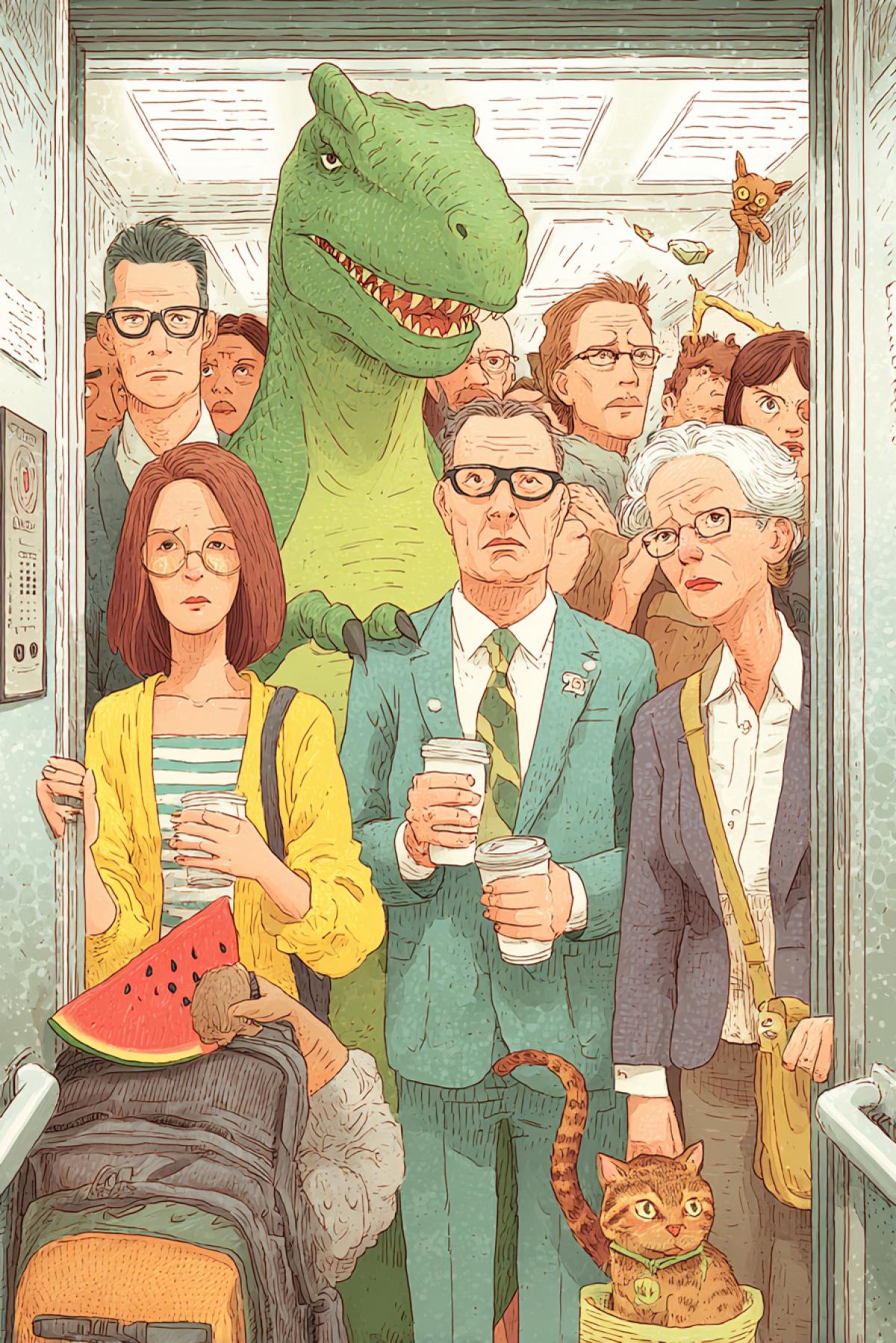 A crowded office elevator. In the center is a man in a costume of a dinosaur (a suit is put on and occupies 80% of space), his tail is pinched by the door. Nearby: a pregnant woman with a watermelon instead of a stomach (it is clear that this is a dummy), an office worker with 10 cups of coffee (who begin to fall) and a grandmother, a calmly knitting toe. In the corner a cat in a backpack with an indignant face. All the elevator mirrors repeatedly reflect this chaos. Style hyperrealism, sharp emotions on faces