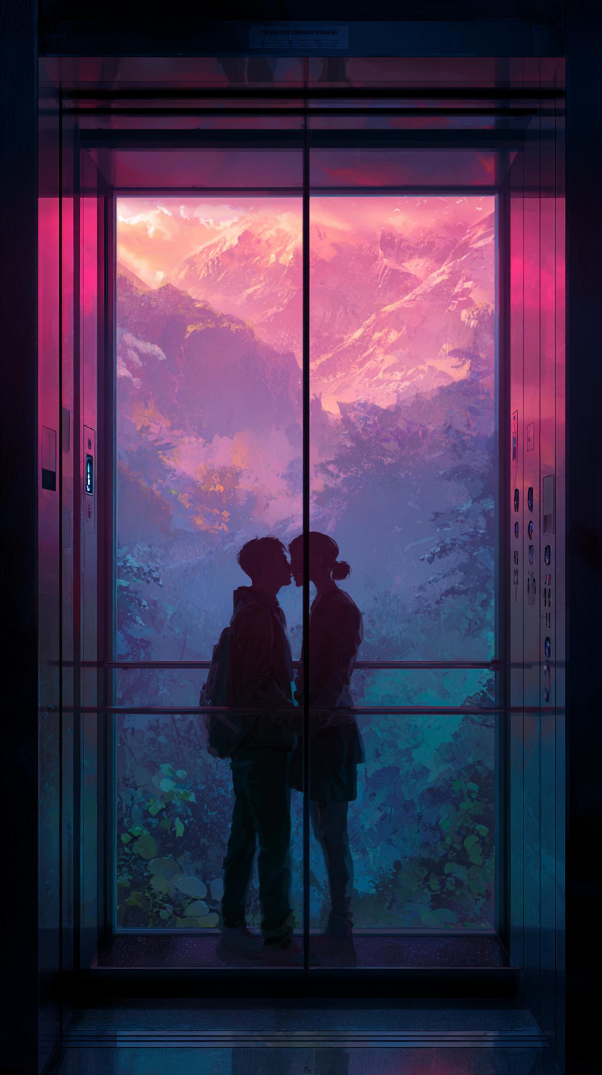 Generate a photo where in love of a couple in love, the elevator is on top, it has only glass doors through which all the beauty of nature, mountains, rivers, forests, neon lights are visible