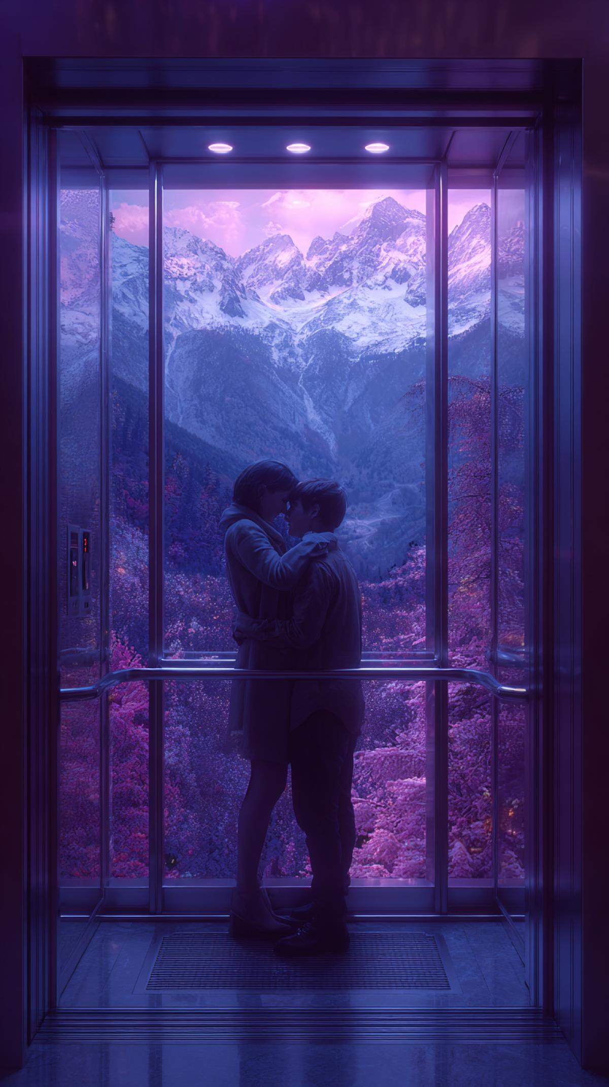 Generate a photo where in love of a couple in love, the elevator is on top, it has only glass doors through which all the beauty of nature, mountains, rivers, forests, neon lights are visible