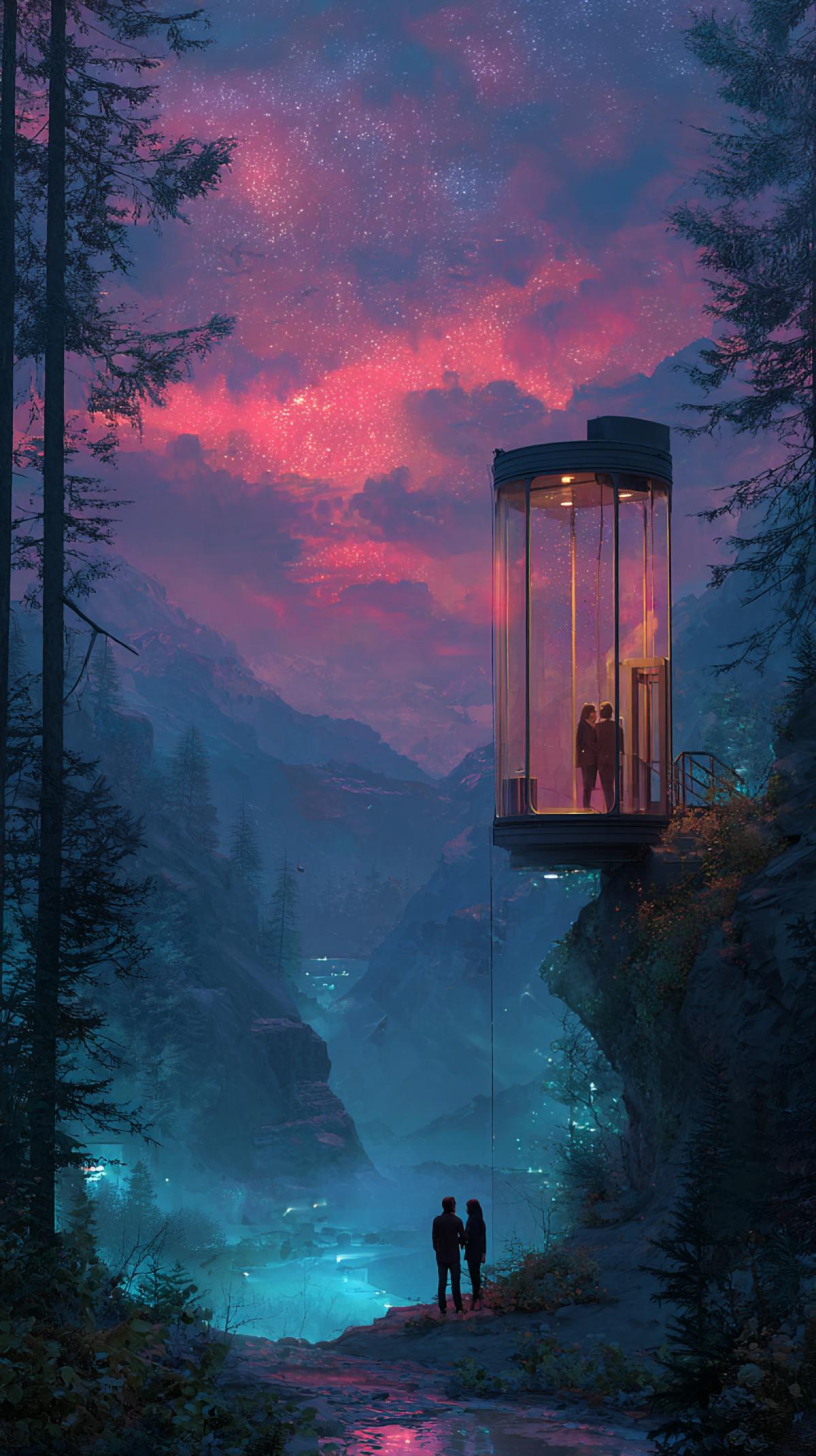 Generate a photo where in love of a couple in love, the elevator is on top, it has only glass doors through which all the beauty of nature, mountains, rivers, forests, neon lights are visible