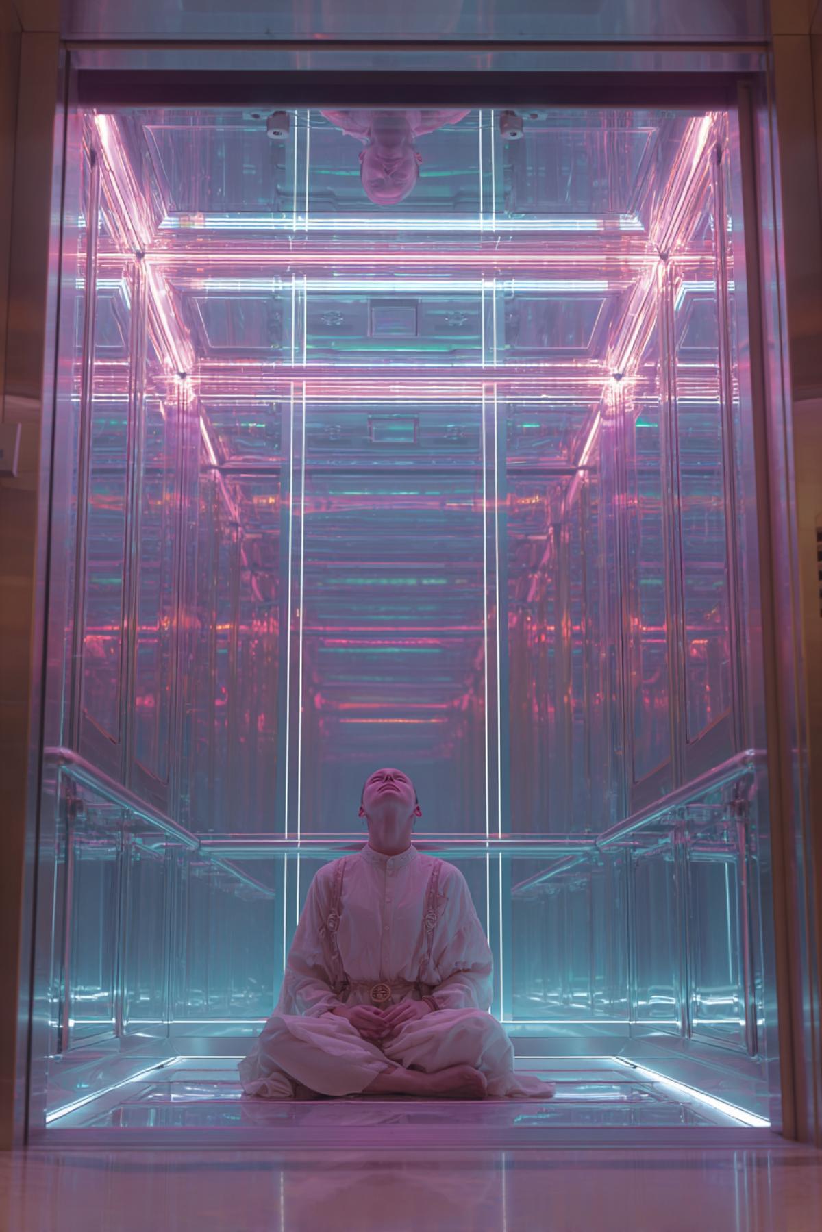 Yogi sitting in the elevator of the future. Futurism