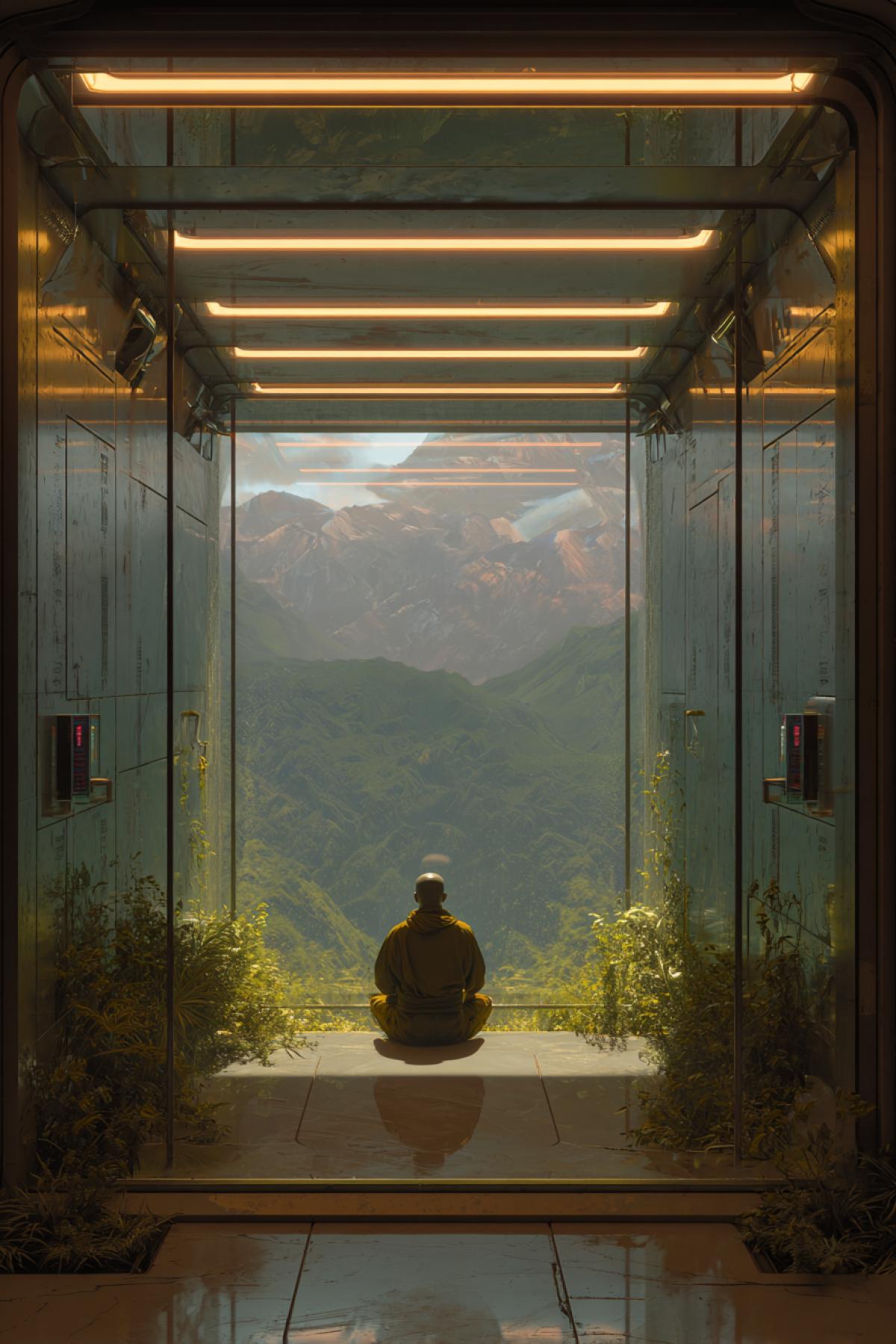 Yogi sitting in the elevator of the future. Futurism