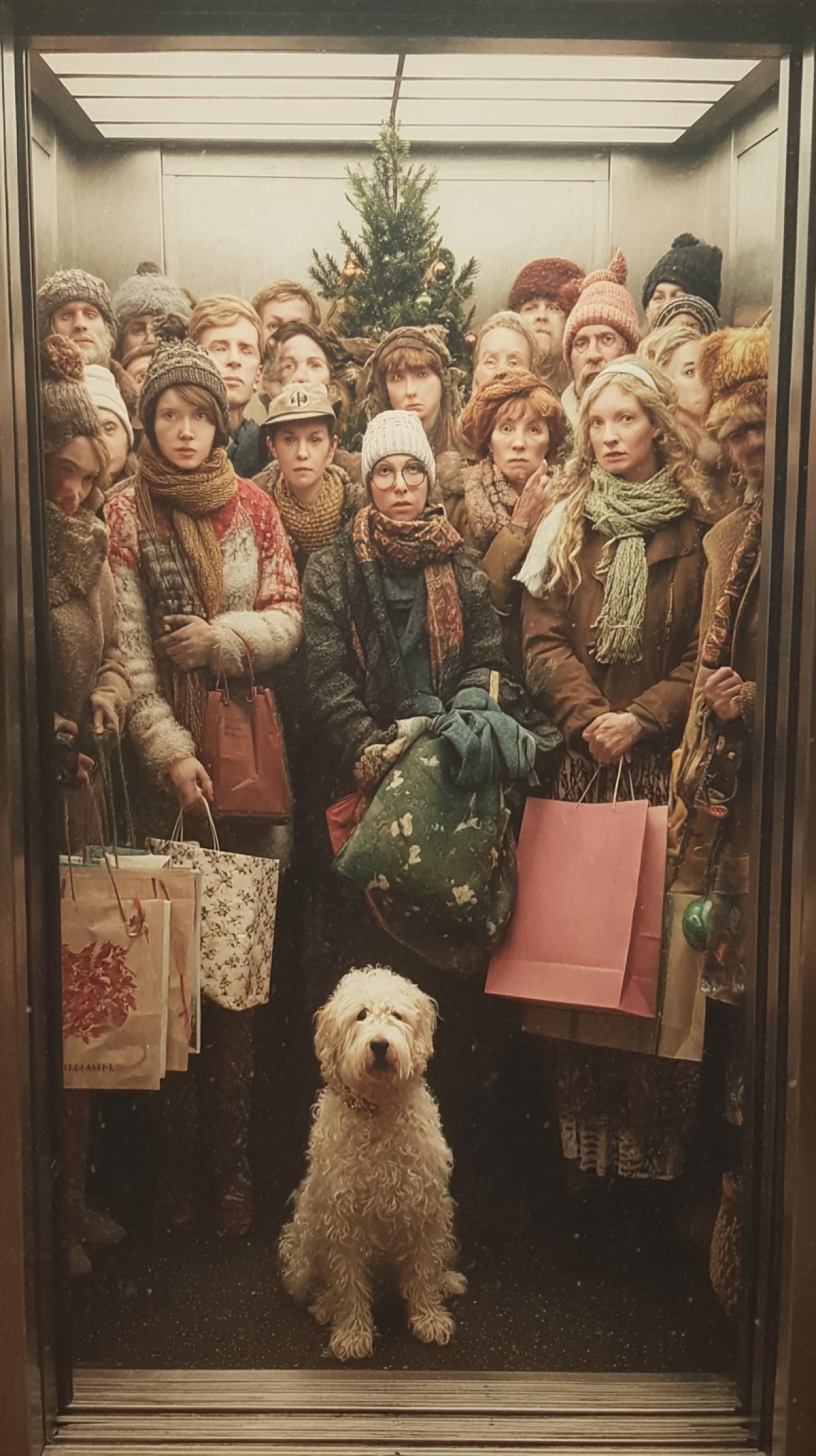 crowded elevator, christmas, people in scarves and hats, christmas tree, dog sitting on the floor, people have a lot of shopping and gifts in their hands, frame from a comedy movie, photo realistic