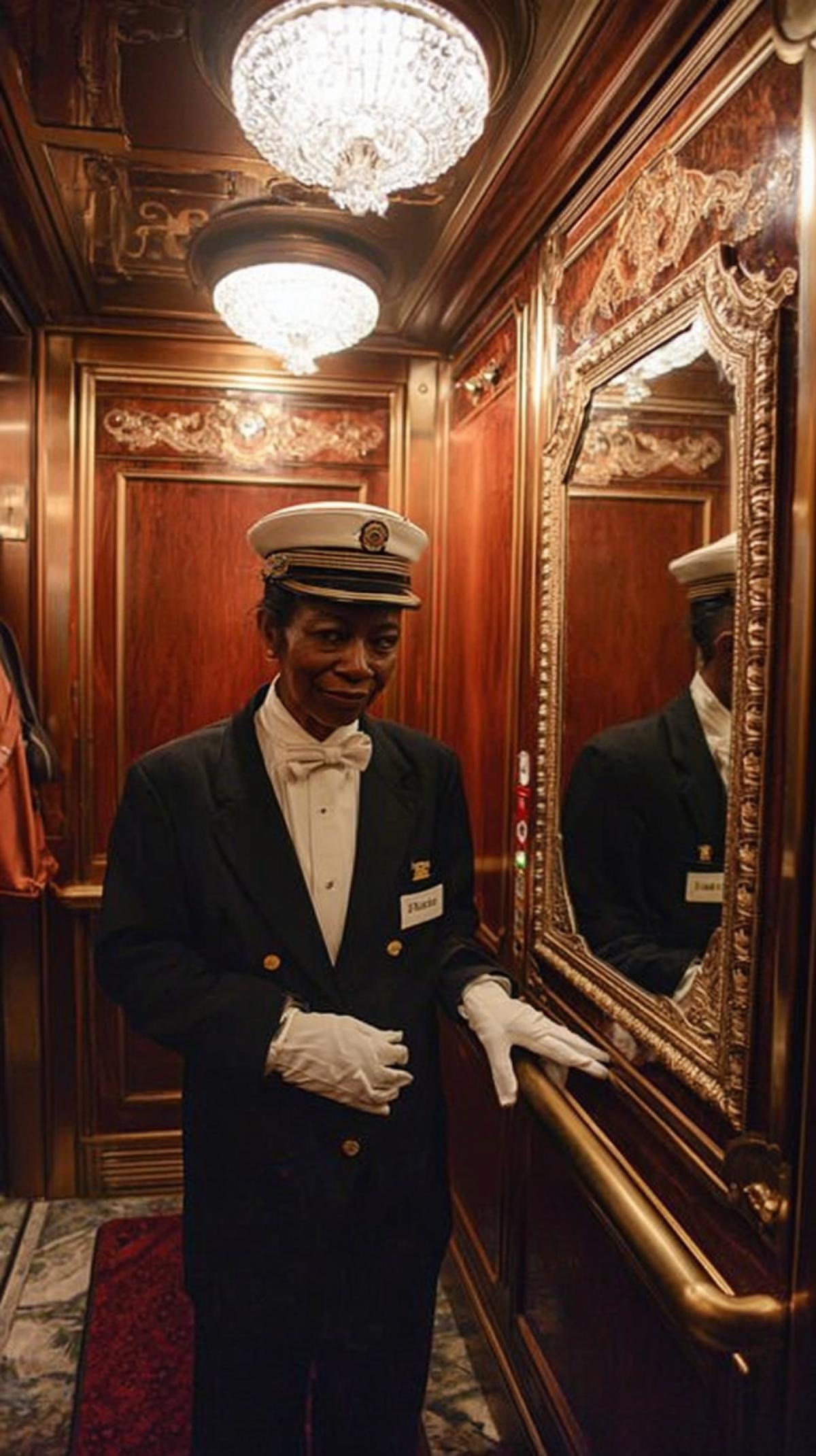 Elevator at the luxurious Pierre Hotel on the Upper East Side, elevator operator wearing white gloves