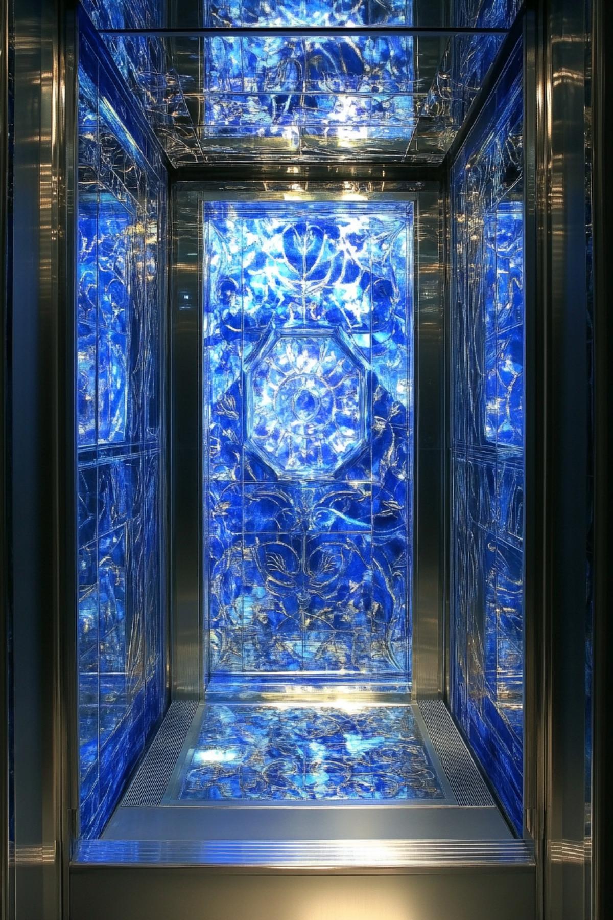 Transparent elevator inside in the style of gzhel panorama inside the elevator