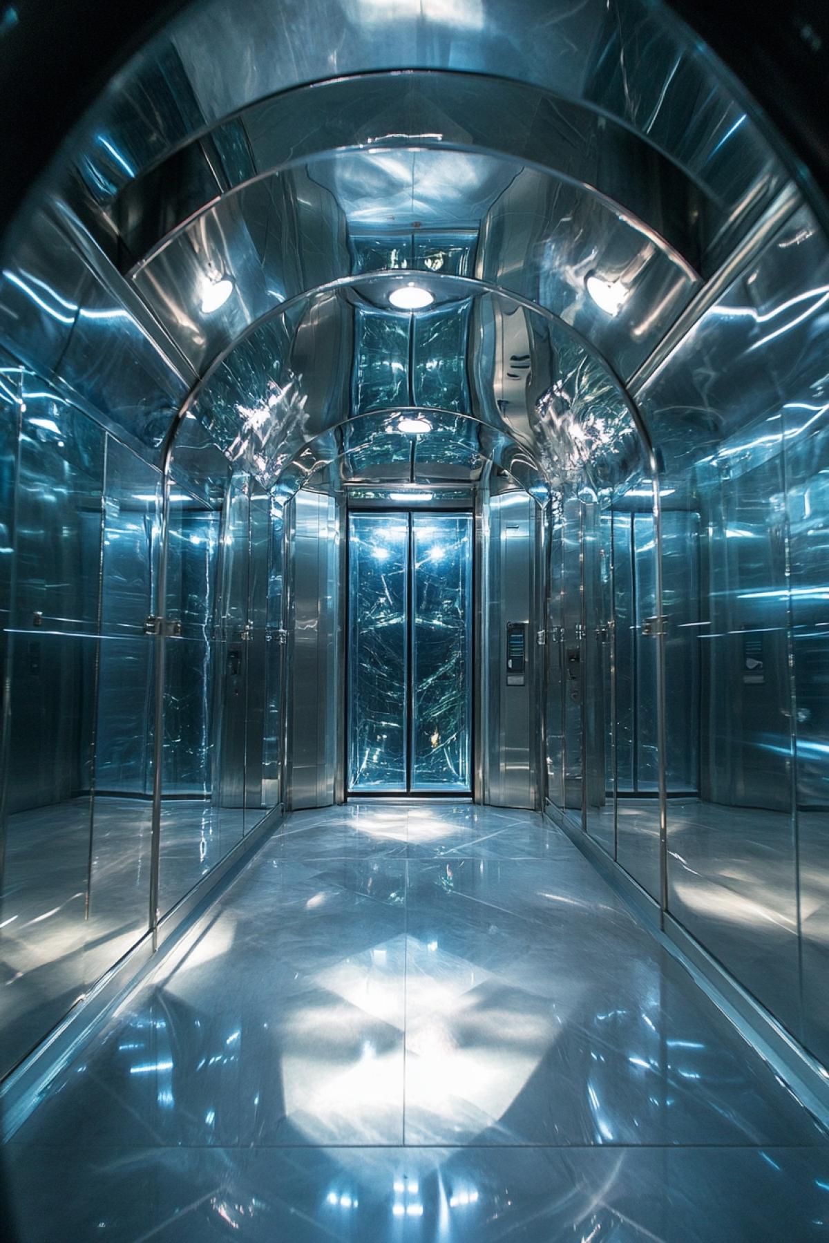 Transparent elevator inside in the style of gzhel panorama inside the elevator