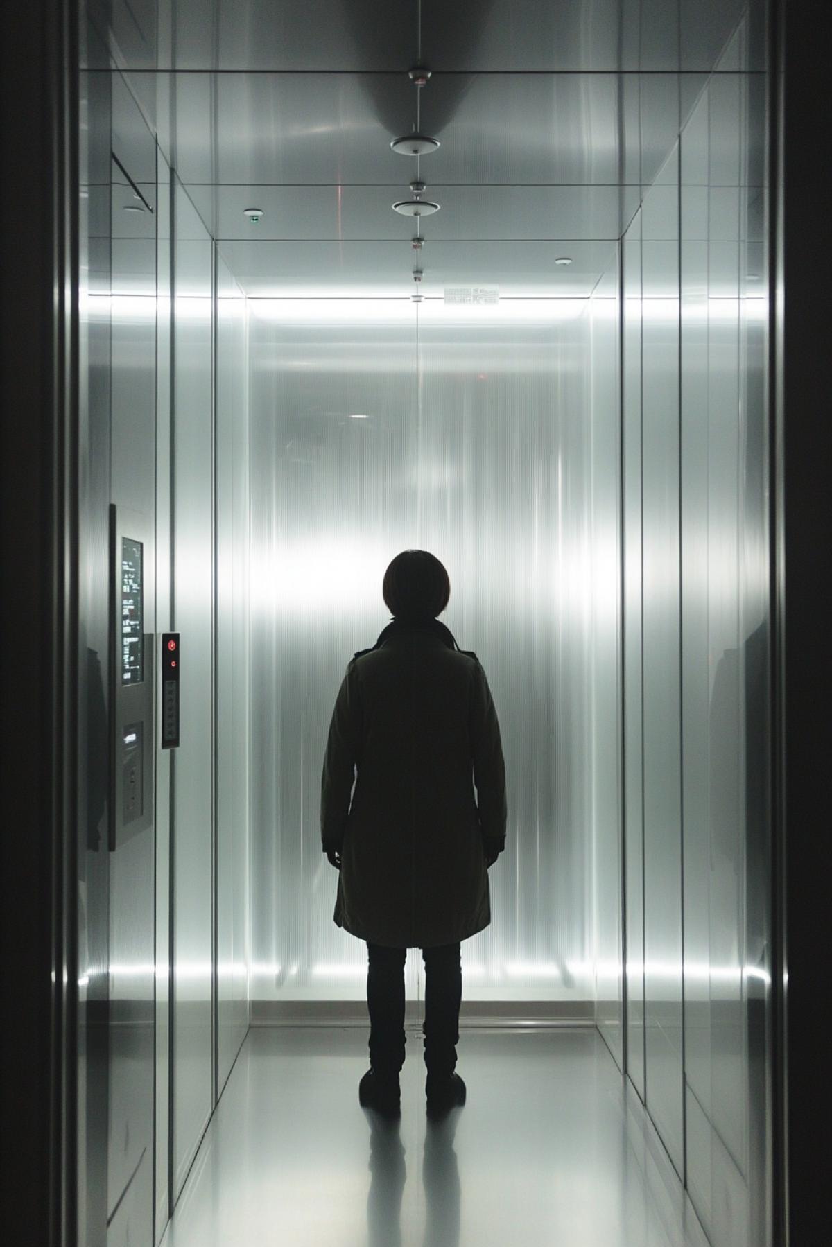 View inside a transparent elevator and a person inside the elevator, with a panel for a call, a review of the hall is visible from the elevator