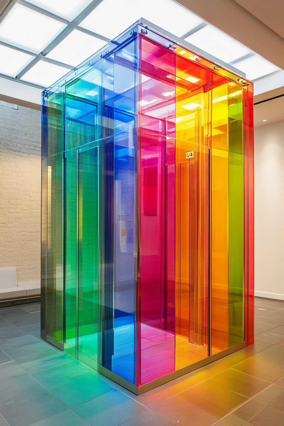 Transparent elevator in which there are a lot of colors, the type of elevator from the inside