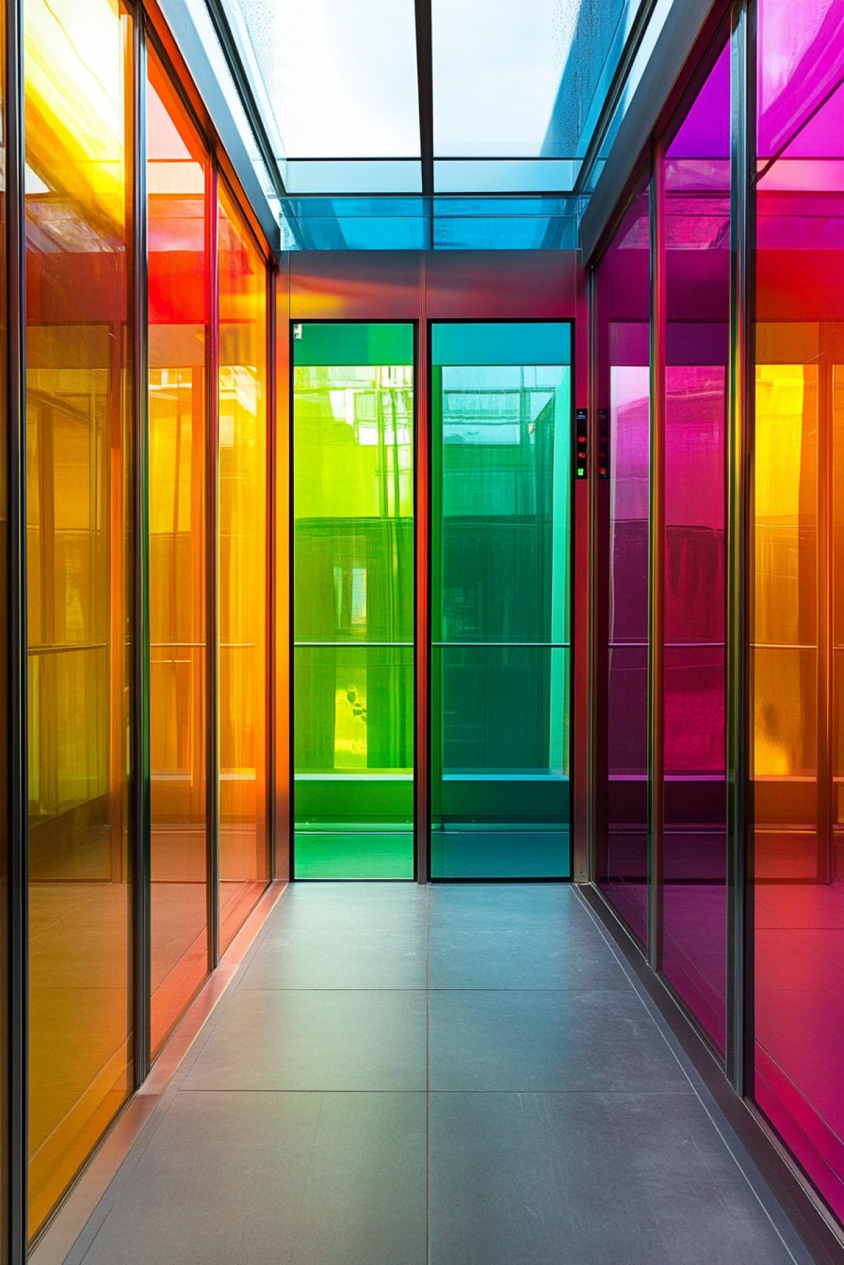 Transparent elevator in which there are a lot of colors, the type of elevator from the inside