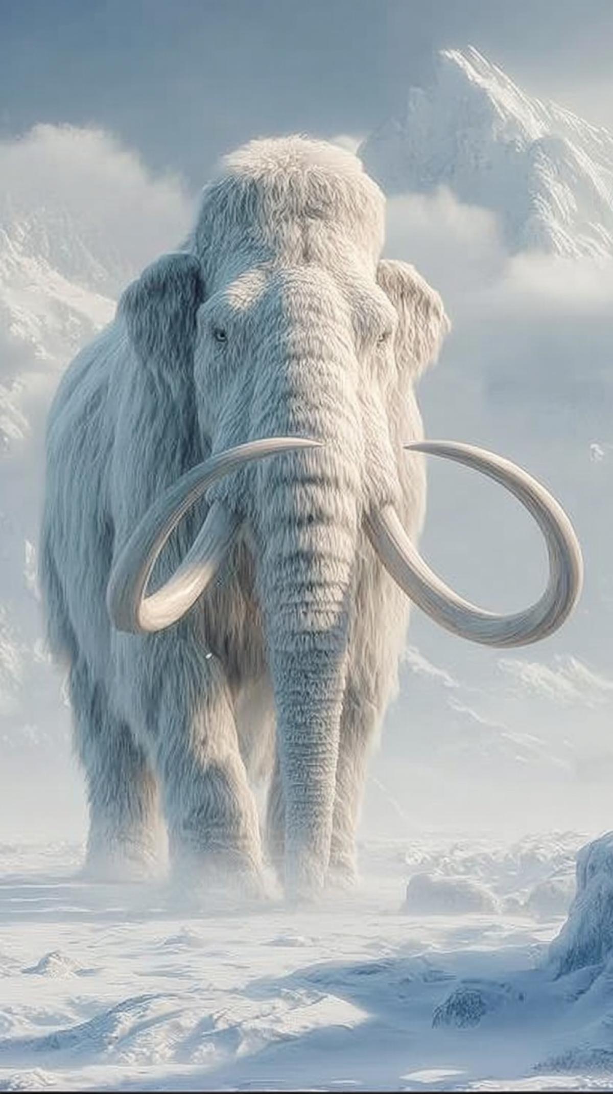 A big mammoth is an albino in full growth. A snowy landscape. The photo conveys the greatness and calm of the mastodont albinos. Glacier. High detail, high resolution.