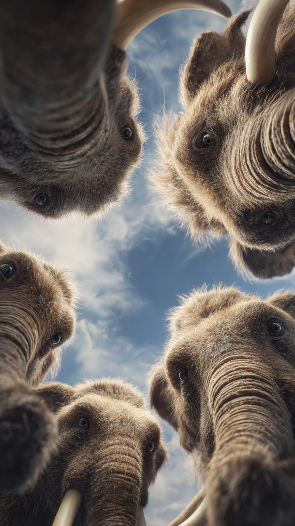 A group of little cubs of mammoths, look at the camera from below. This is like an epic poster of the film. Hyperrealistic photography. High resolution.