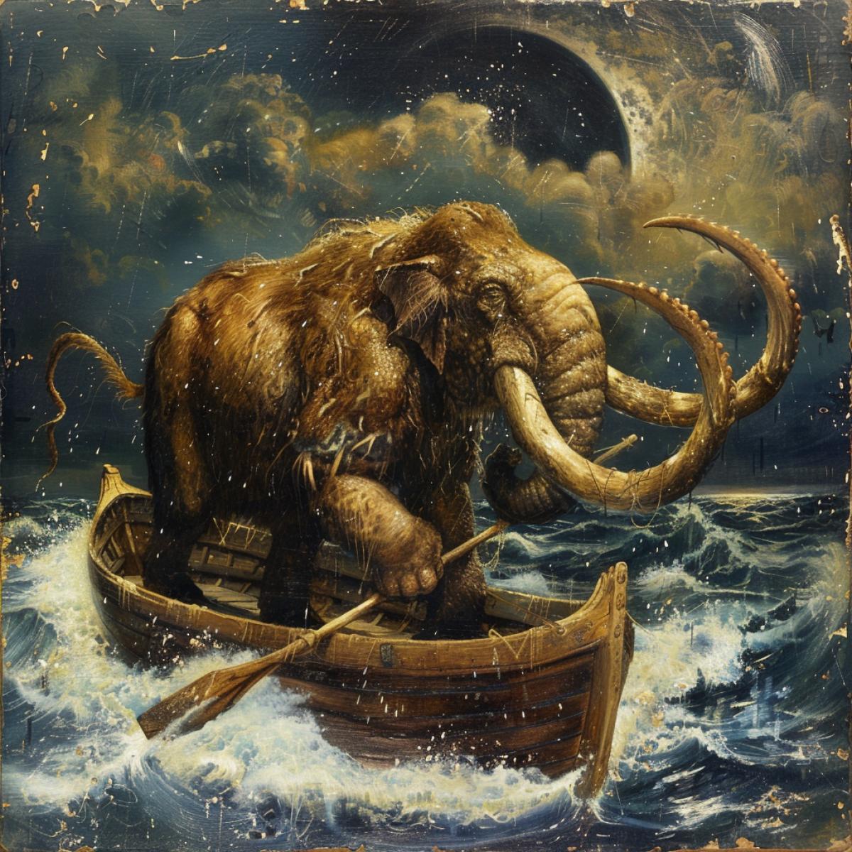 Mammoth in a sailors dishes on a boat with oars