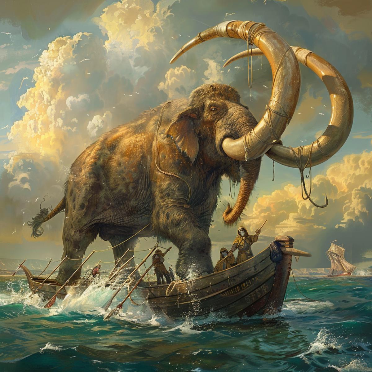 Mammoth in a sailors dishes on a boat with oars