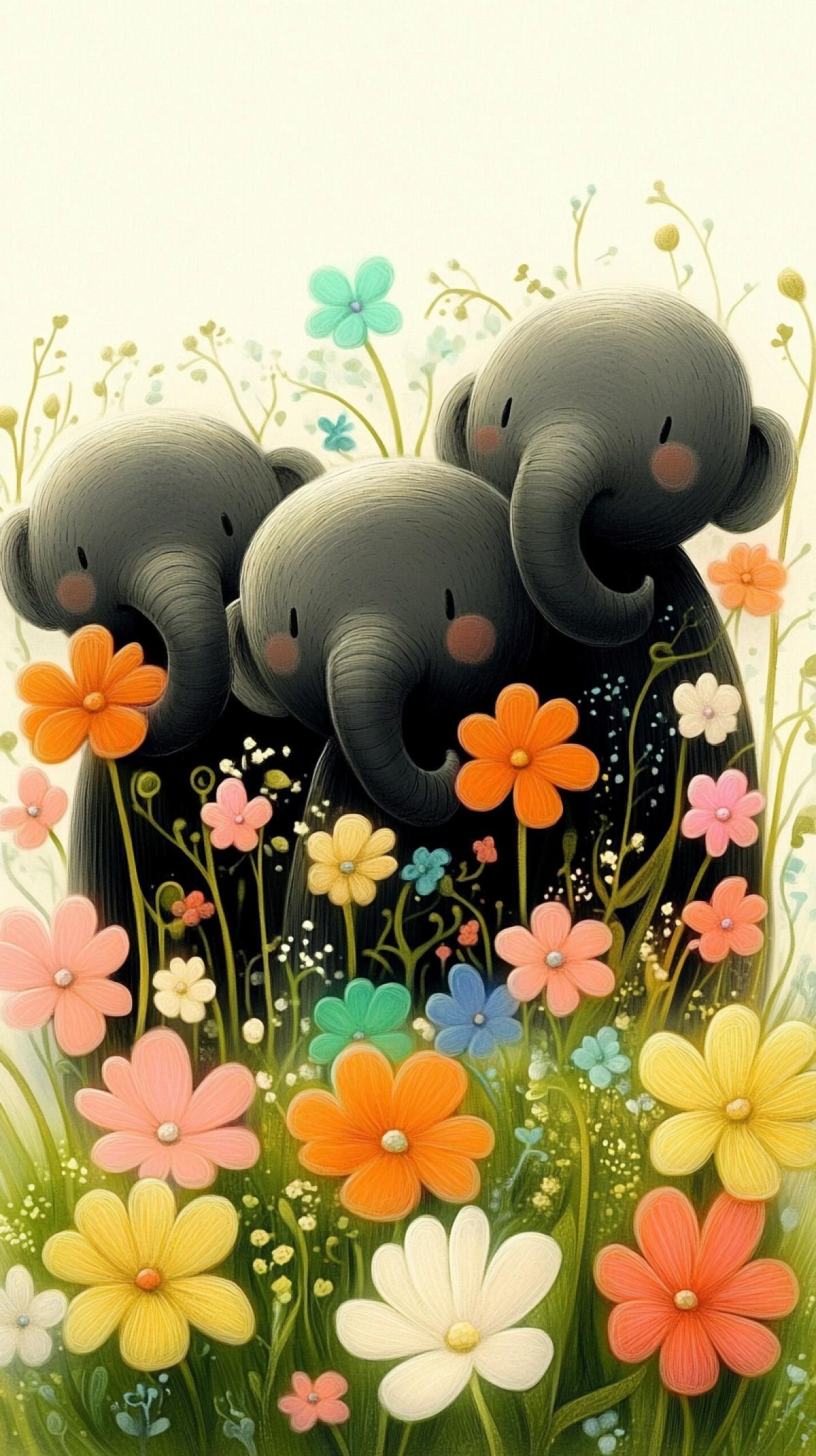 A drawing of grey, dark and orange baby mammoths peeking out from behind flowers, in the style of Jon Klassen, with bright green grass and colorful flowers. There are about five baby mammoths ar 9:16 stylize 750