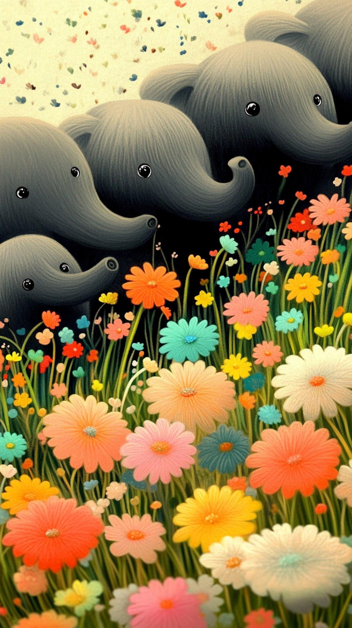 A drawing of grey, dark and orange baby mammoths peeking out from behind flowers, in the style of Jon Klassen, with bright green grass and colorful flowers. There are about five baby mammoths ar 9:16 stylize 750