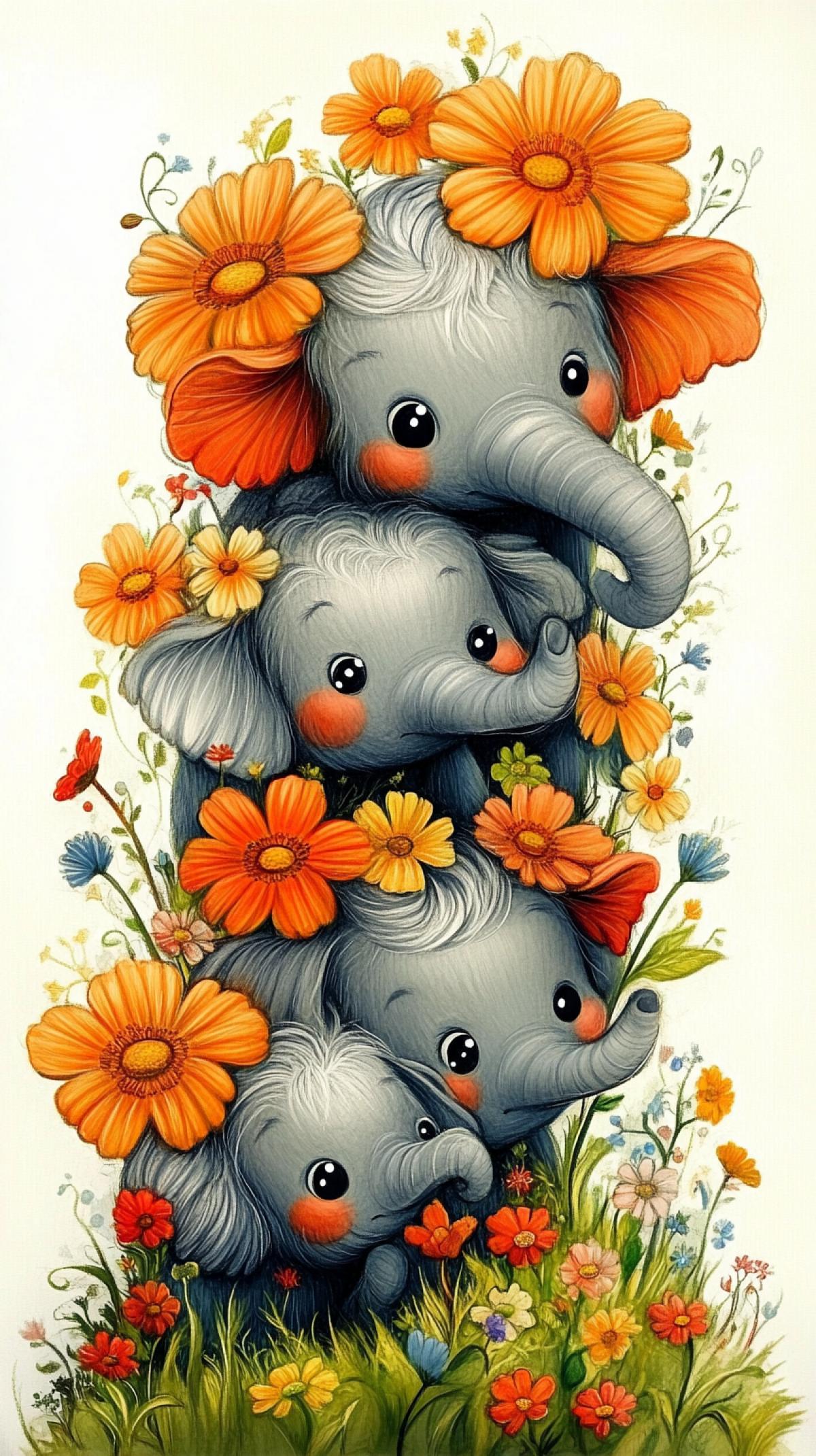 A drawing of grey, dark and orange fluffy baby mammoths peeking out from behind flowers, in the style of Jon Klassen, with bright green grass and colorful flowers. There are about five baby mammoths ar 9:16 stylize 750