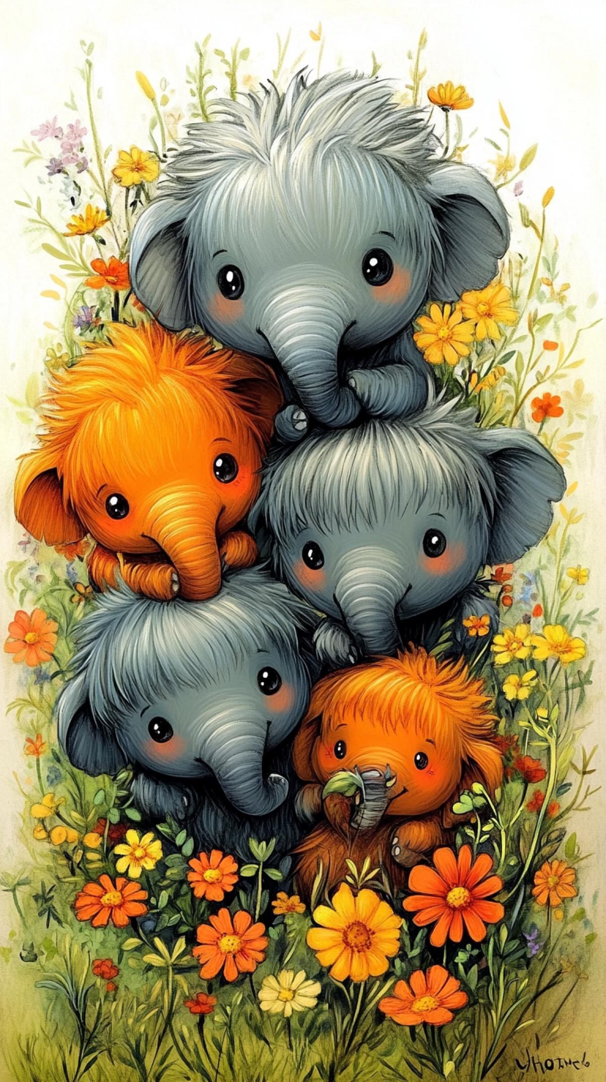 A drawing of grey, dark and orange fluffy baby mammoths peeking out from behind flowers, in the style of Jon Klassen, with bright green grass and colorful flowers. There are about five baby mammoths ar 9:16 stylize 750