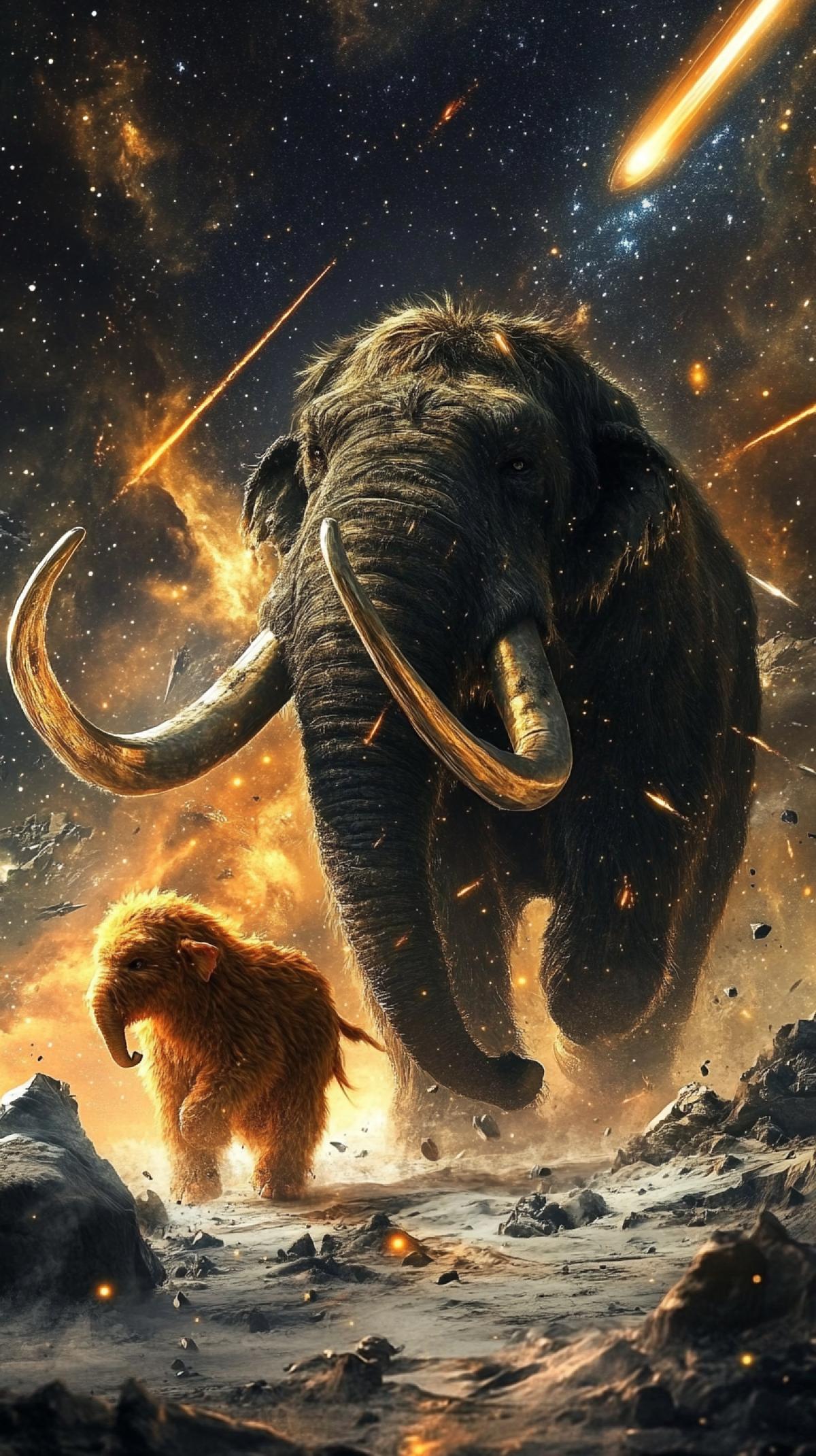 Hyperrealistic fantasy A big shaggy gray-dark mammoth with twisted gilded tusks and an orange fluffy baby mammoth are walking in space along the Milky Way, the warm glow of the stars, a meteor bathroom in the background ar 9:16