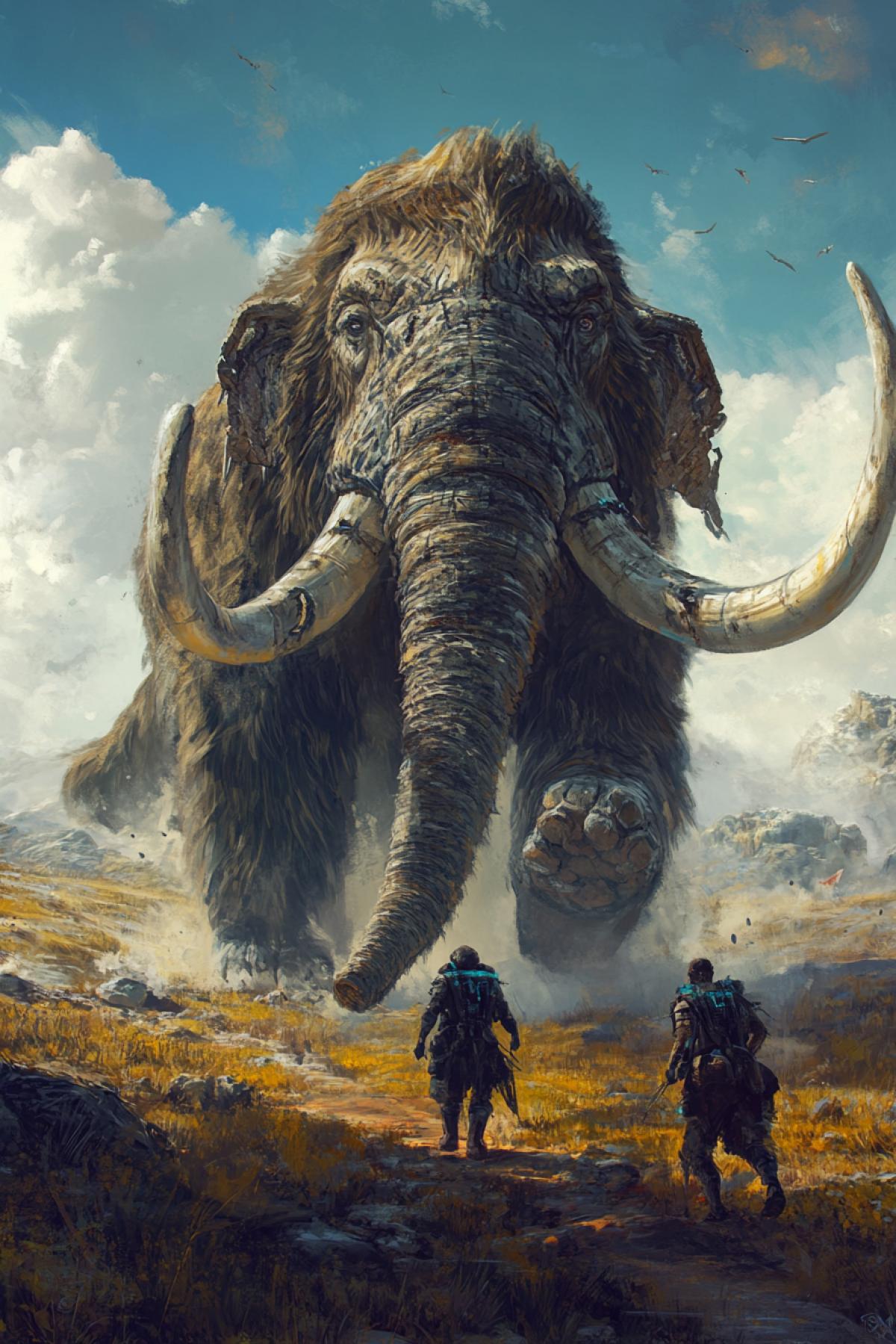 Generate the image in which the mammoths are central characters. It can be a realistic prehistoric scene, a fantastic world, a vintage illustration, a cyberpunk mammont in a megalopolis or a warm scene of the mammoth family.