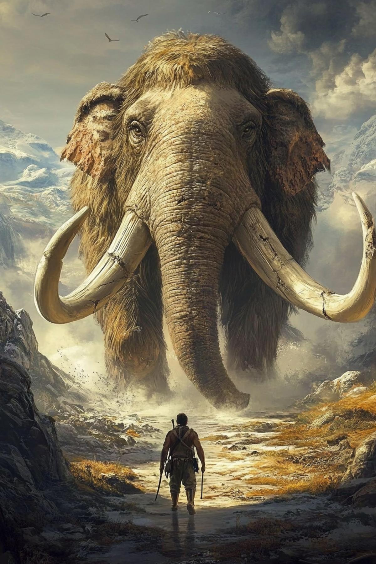 Generate the image in which the mammoths are central characters. This is a fantastic world