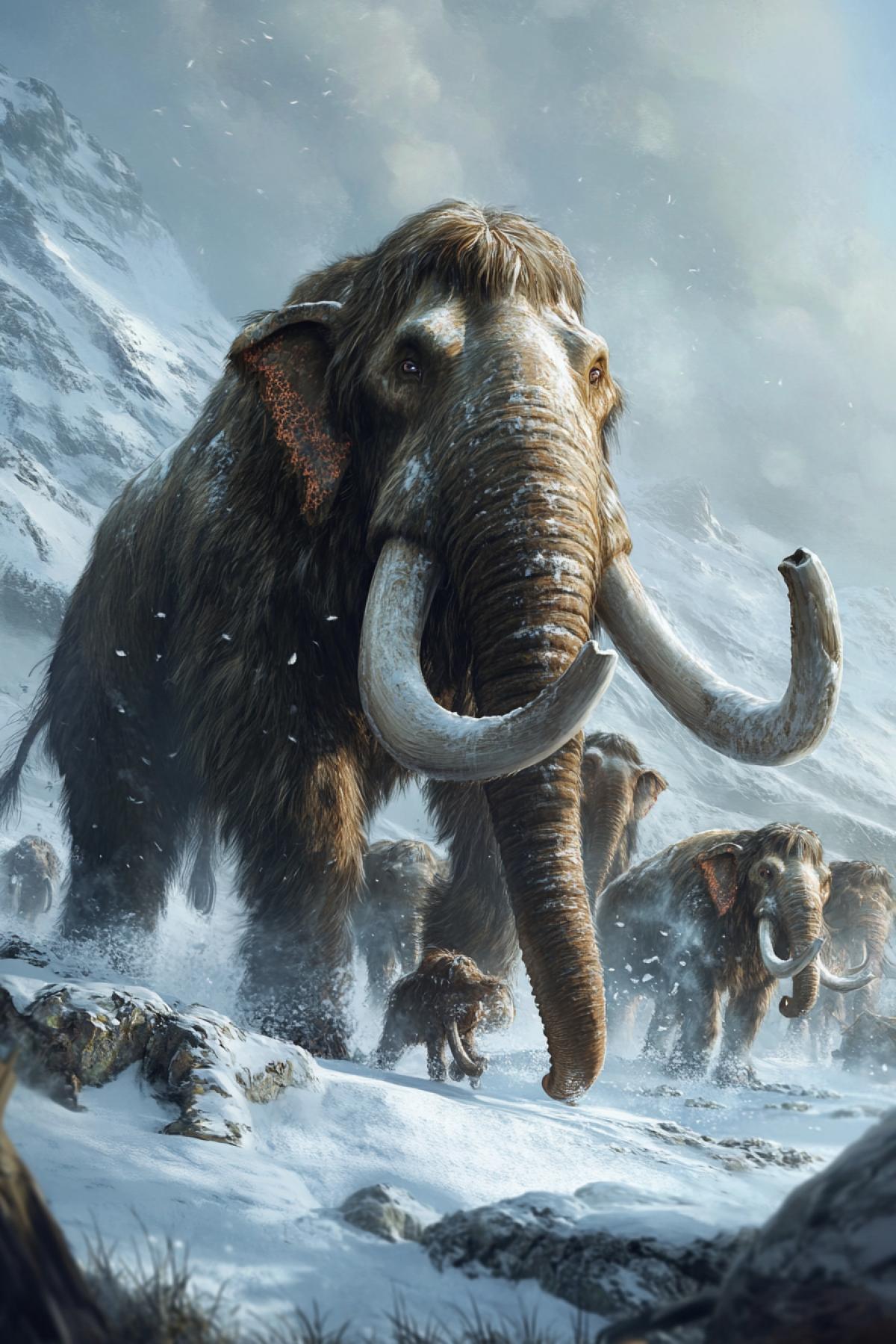 A herd of mammoths in the ice age, the family of mammoths in the style of hardc