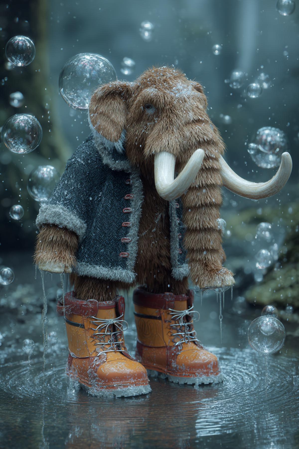 Mammoth in boots in a puddle, lets bubbles