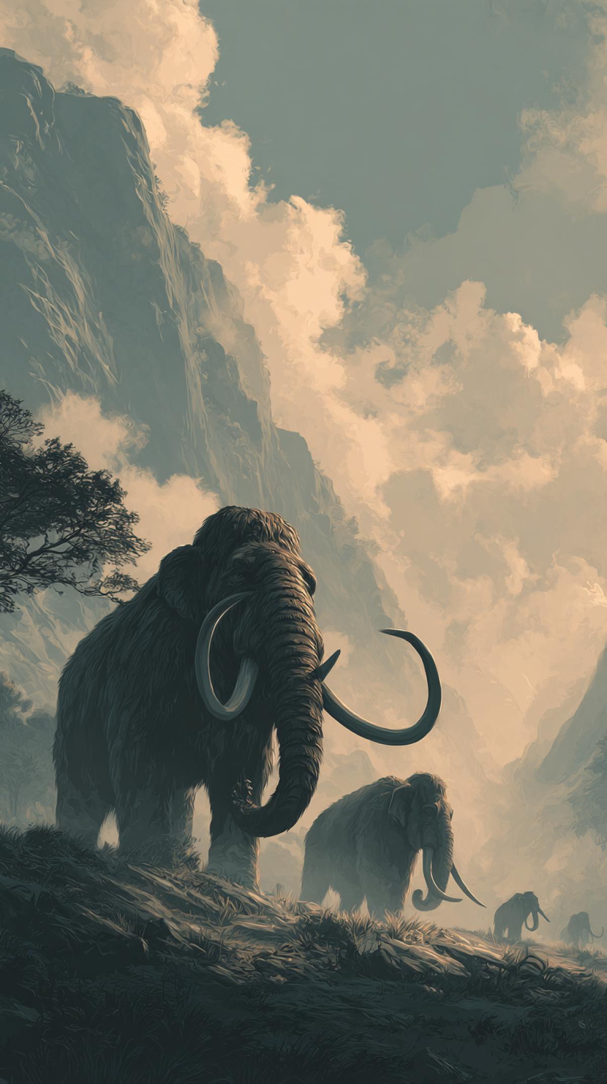 Generate the image in which the mammoths are central characters. It can be a realistic prehistoric scene, a fantastic world, a vintage illustration, a cyberpunk mammont in a megalopolis or a warm scene of the mammoth family.