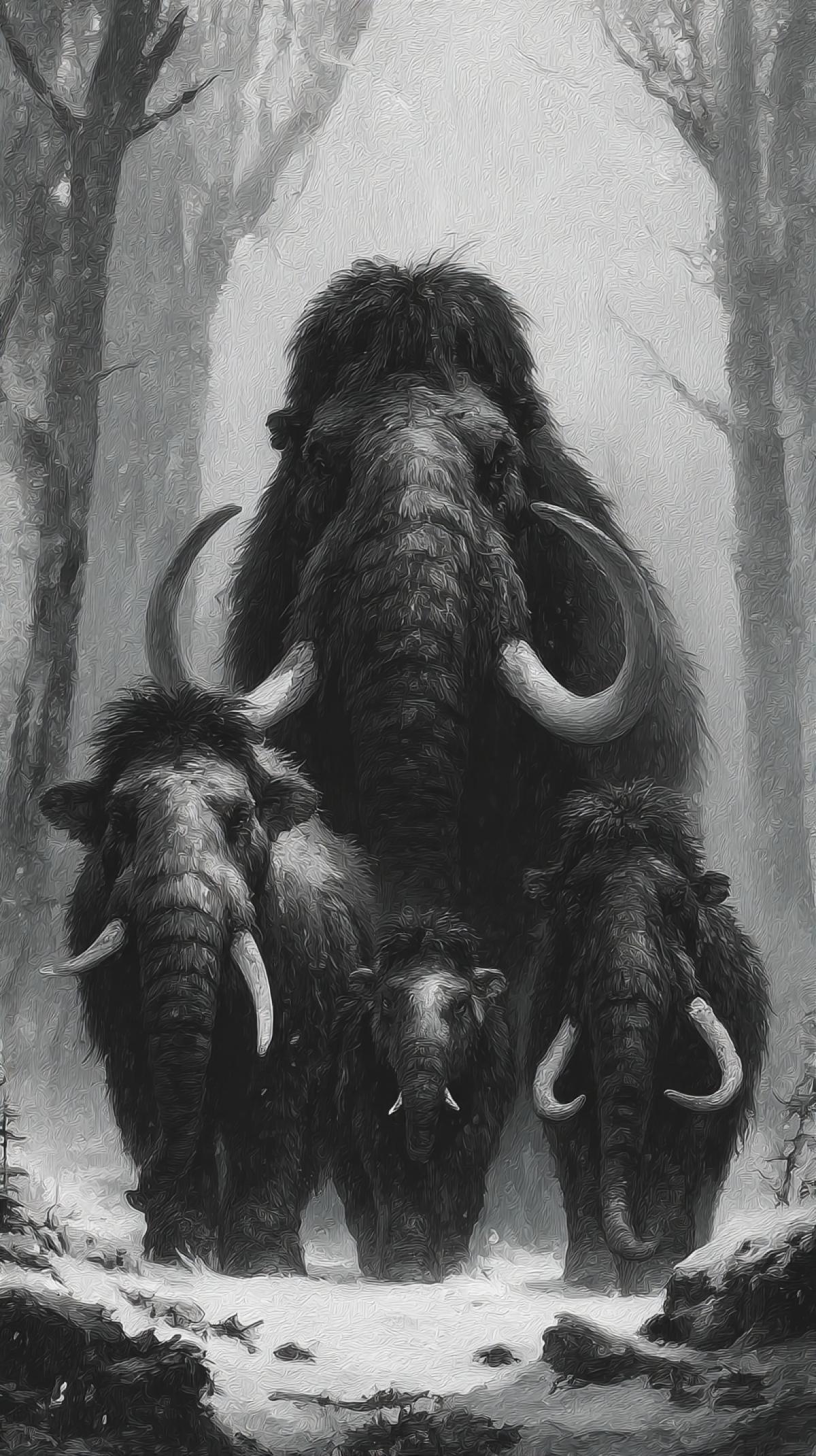Generate the image in which the mammoths are central characters. It can be a realistic prehistoric scene, a fantastic world, a vintage illustration, a cyberpunk mammont in a megalopolis or a warm scene of the mammoth family.