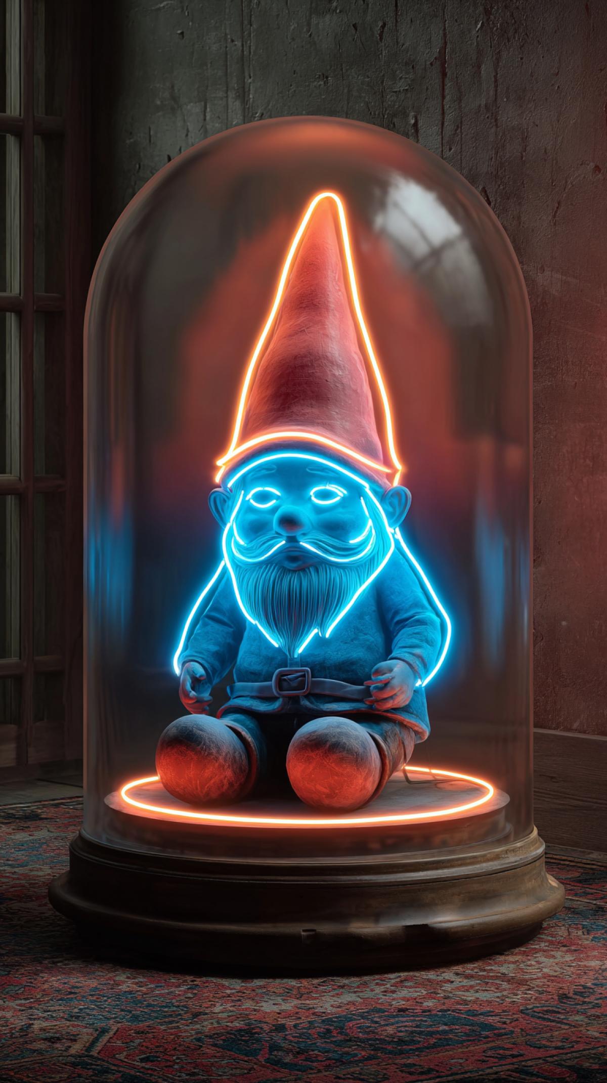 Generate a soul capsule in the appearance of a sad gnome. Round capsule, glass and neon light