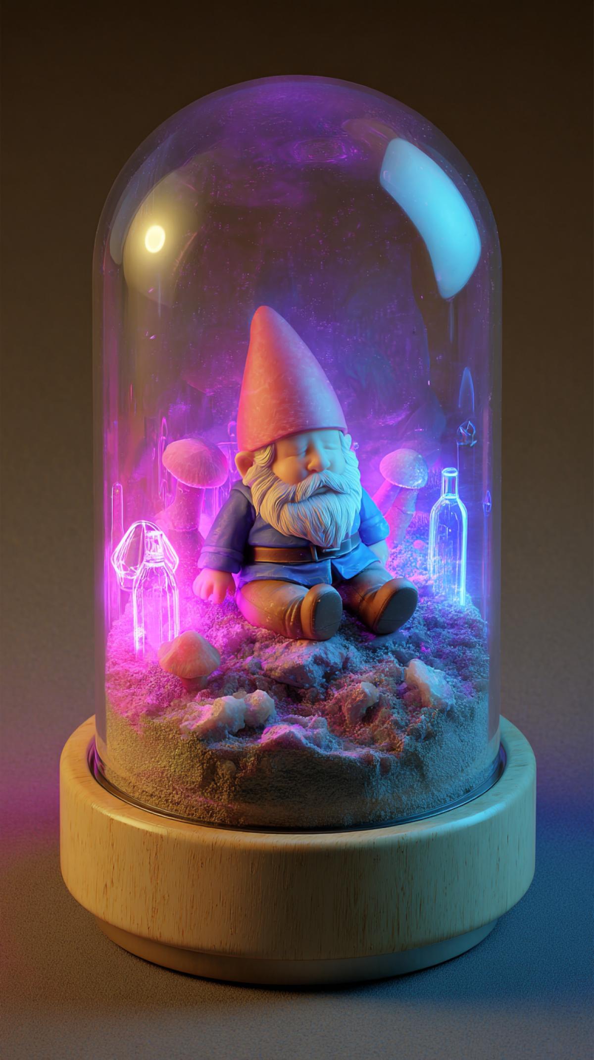 Generate a soul capsule in the appearance of a sad gnome. Round capsule, glass and neon light