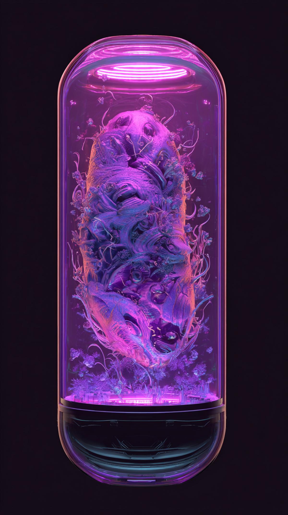 Generate the capsule in which the soul breaks and rushes, she has a tantrum, she screams, she is scared, in the appearance of an incomprehensible animal of a round capsule, like an aquarium, glass and neon light